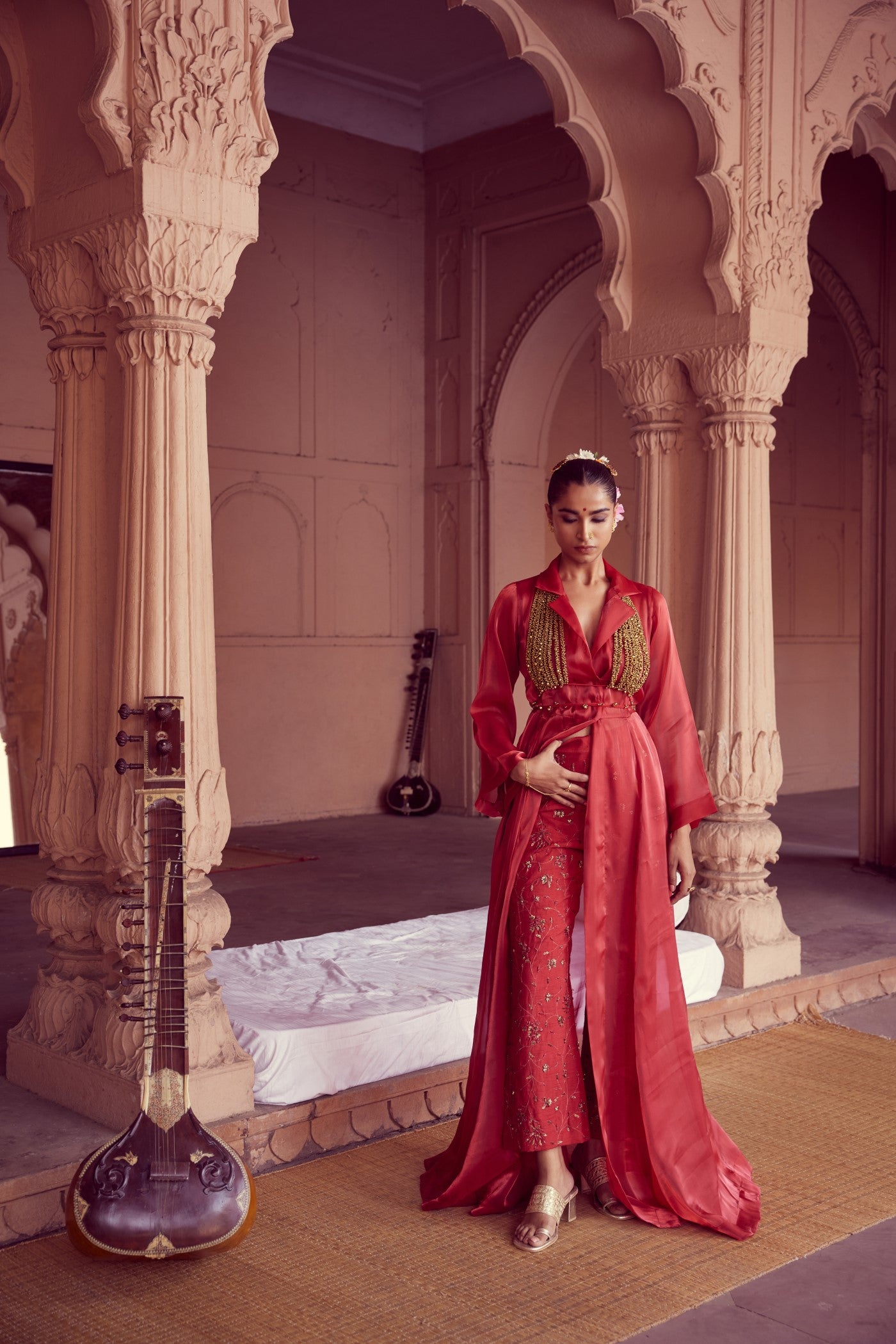 Pathakam Set Red Organza Cape and Raw silk Pants with Ghunguroo bralette