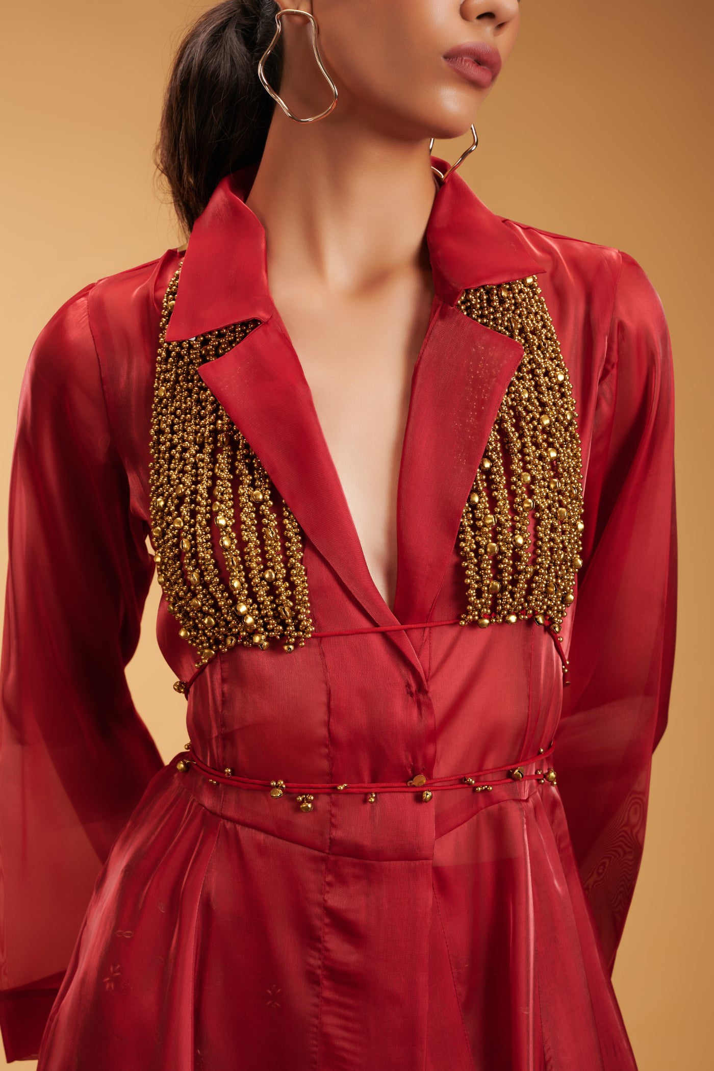 Pathakam Set Red Organza Cape and Raw silk Pants with Ghunguroo bralette