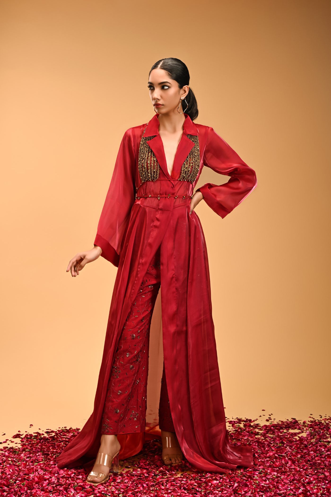 Pathakam Set Red Organza Cape and Raw silk Pants with Ghunguroo bralette