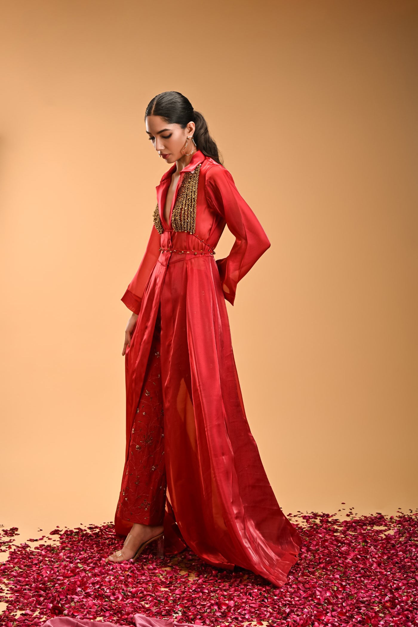 Pathakam Set Red Organza Cape and Raw silk Pants with Ghunguroo bralette