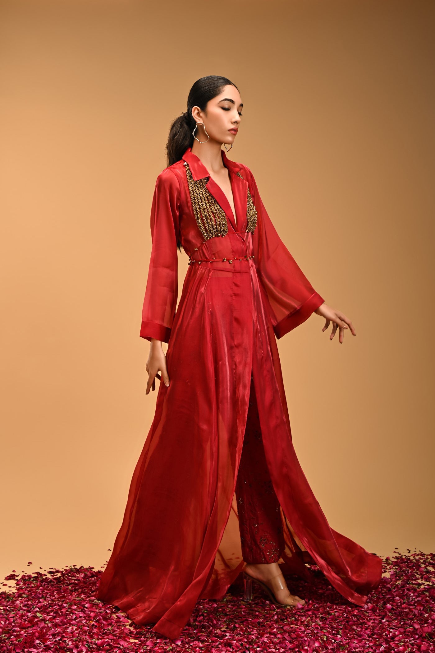 Pathakam Set Red Organza Cape and Raw silk Pants with Ghunguroo bralette