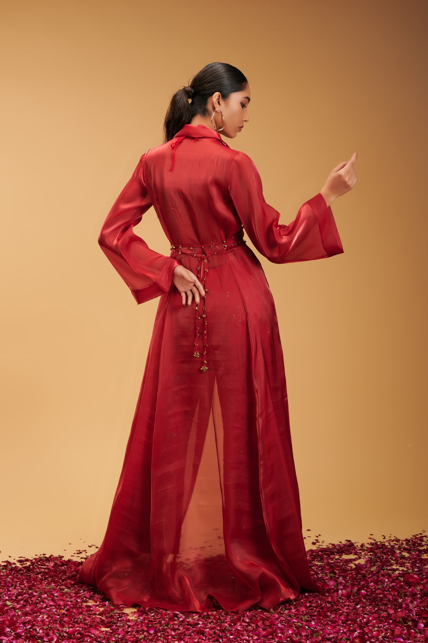 Pathakam Set Red Organza Cape and Raw silk Pants with Ghunguroo bralette