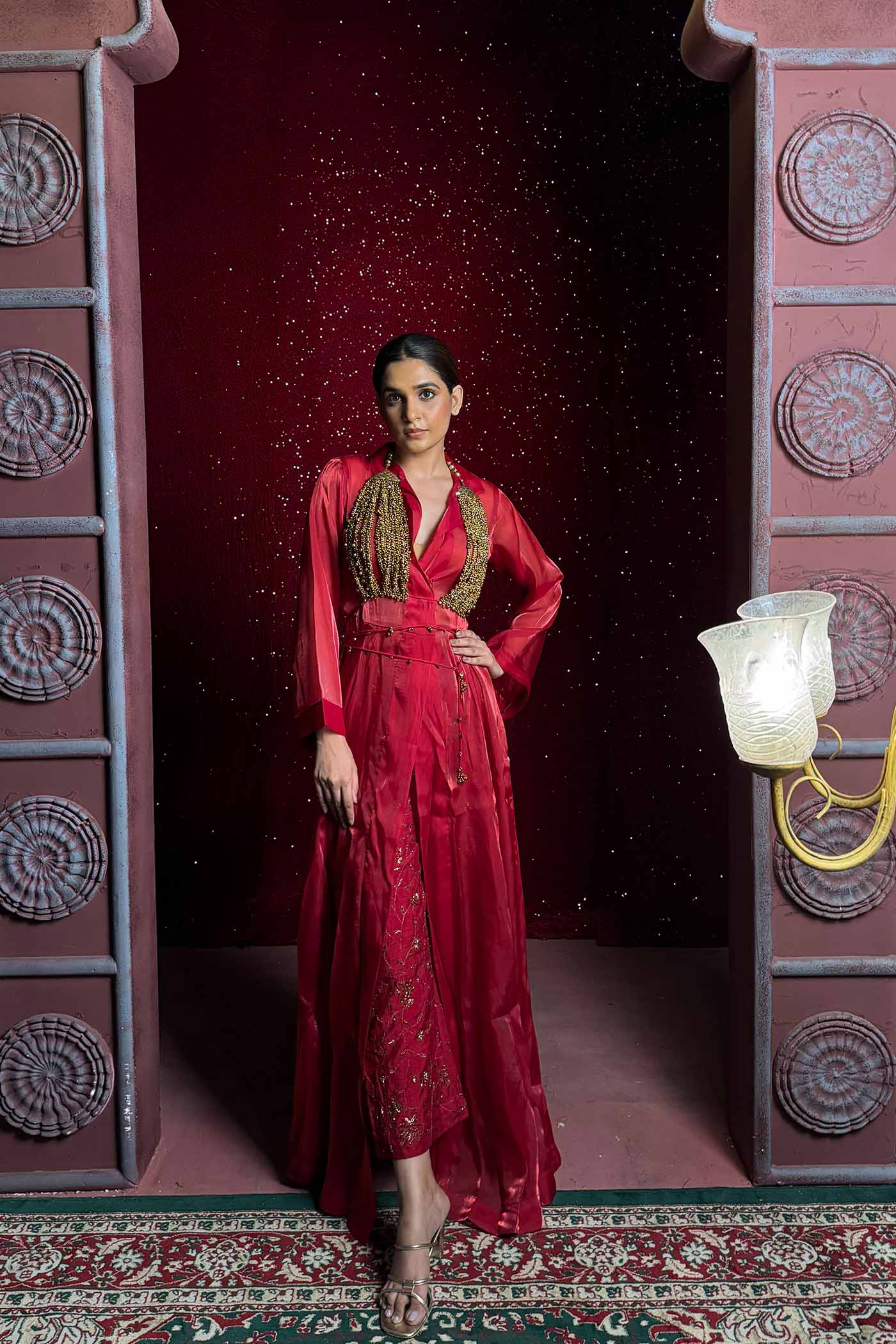 Pathakam Set Red Organza Cape and Raw silk Pants with Ghunguroo bralette