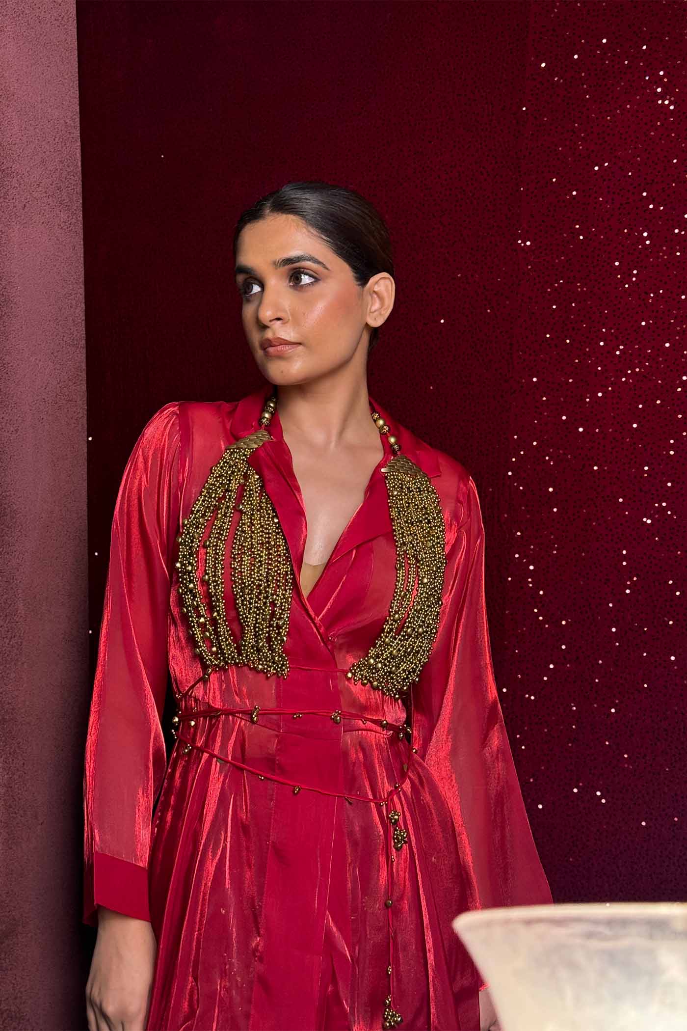Pathakam Set Red Organza Cape and Raw silk Pants with Ghunguroo bralette
