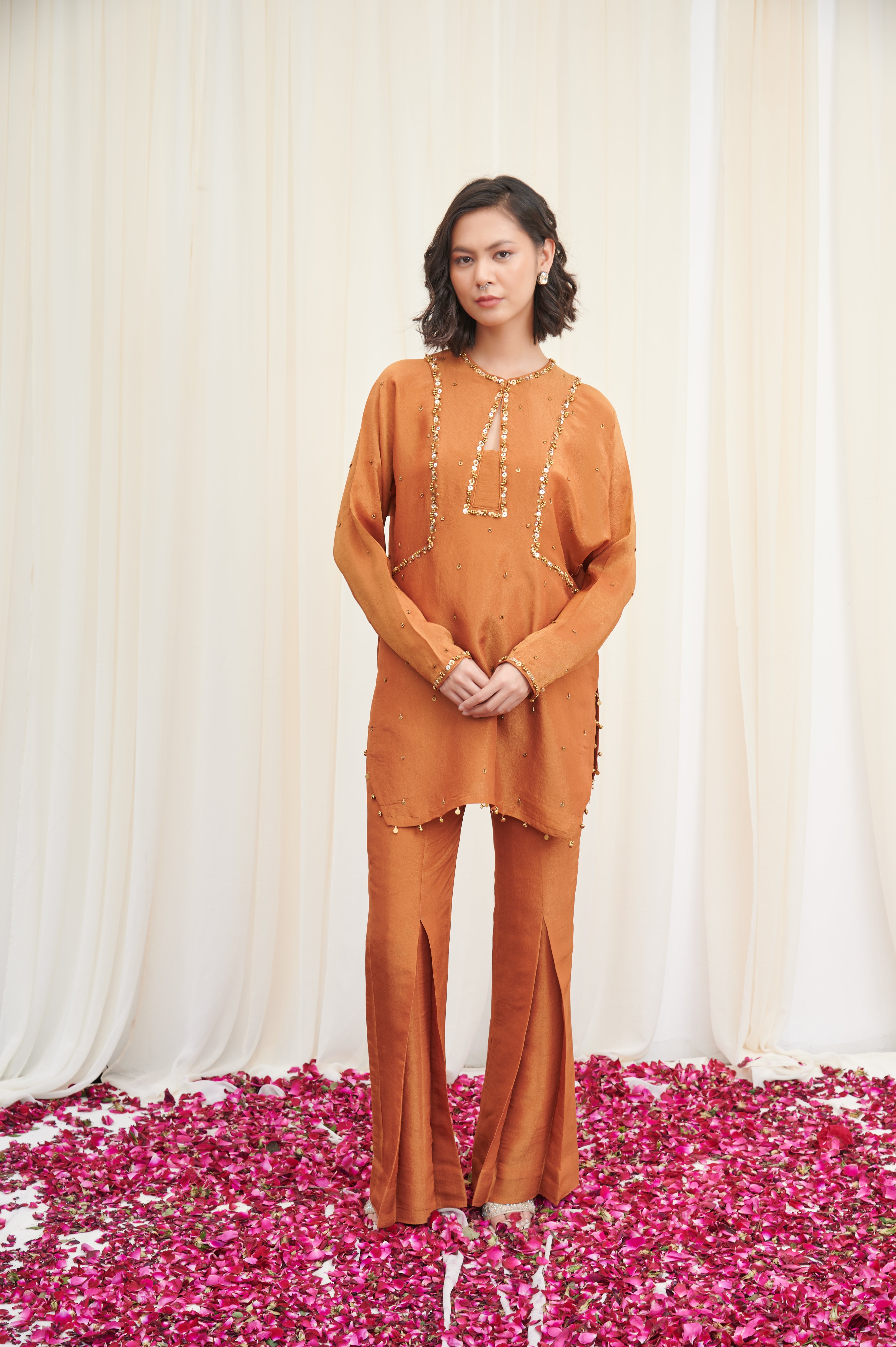 Mayur Mustard Embroidered Tissue Kurta with pants