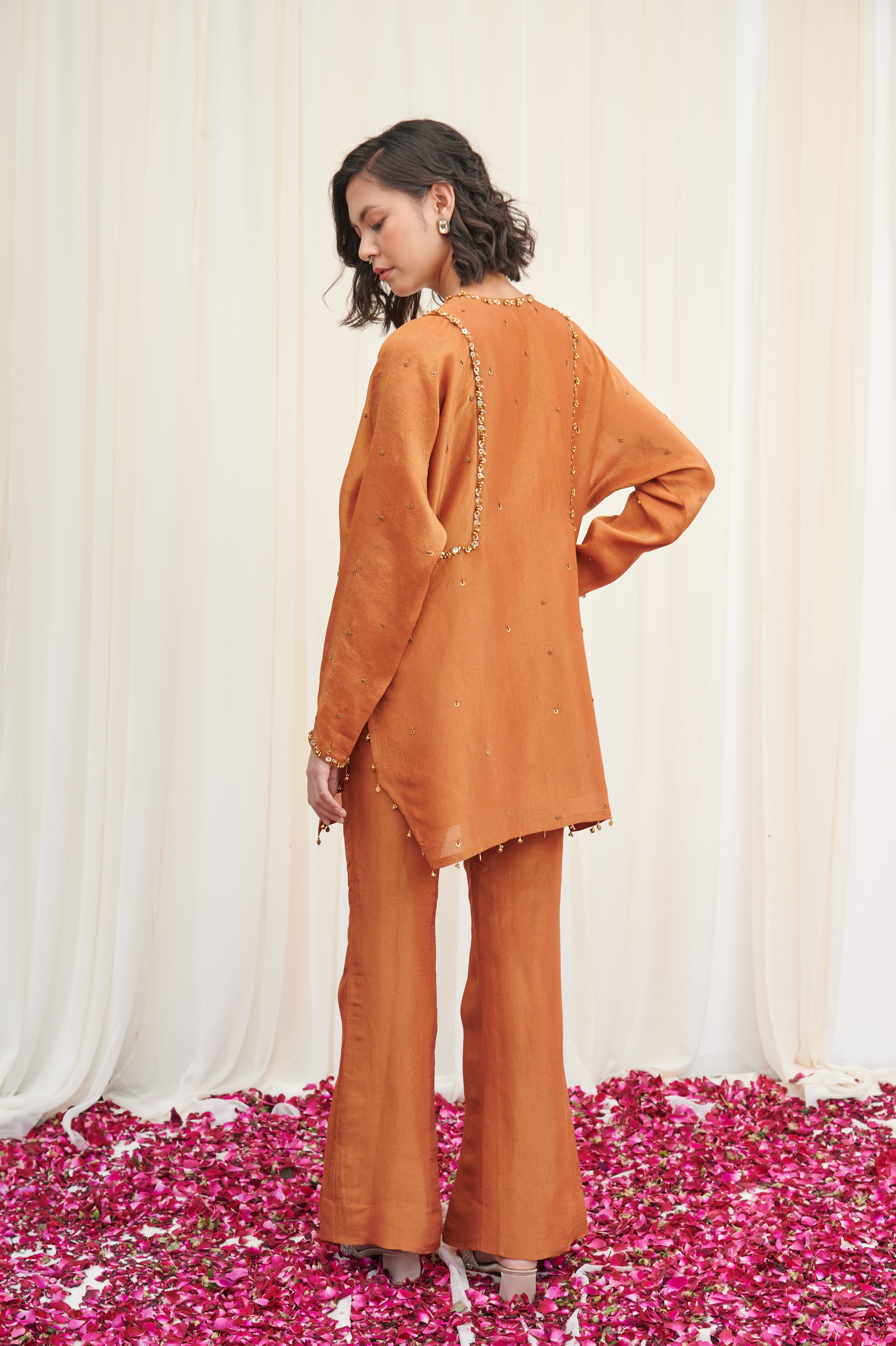 Mayur Mustard Embroidered Tissue Kurta with pants