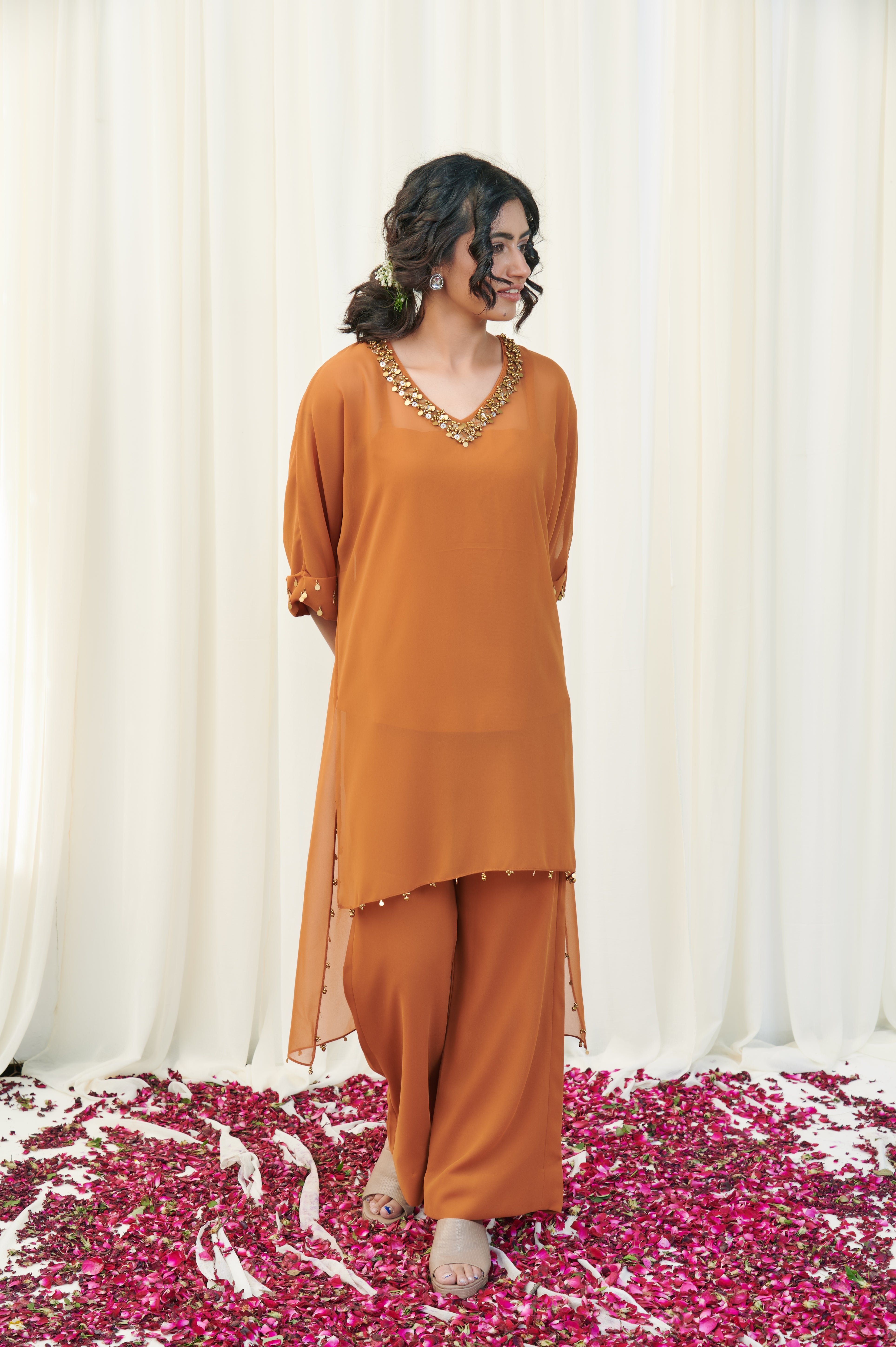 Katakamukha Mustard Georgette Kurta and pants with Camisole