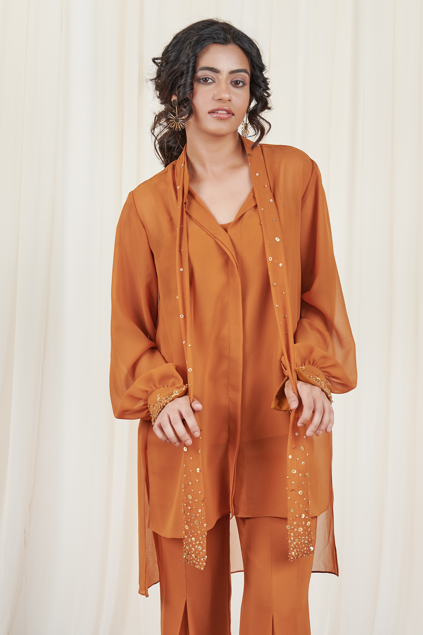 Kapitth set Mustard Sequin High Low Top with pants and Camisole