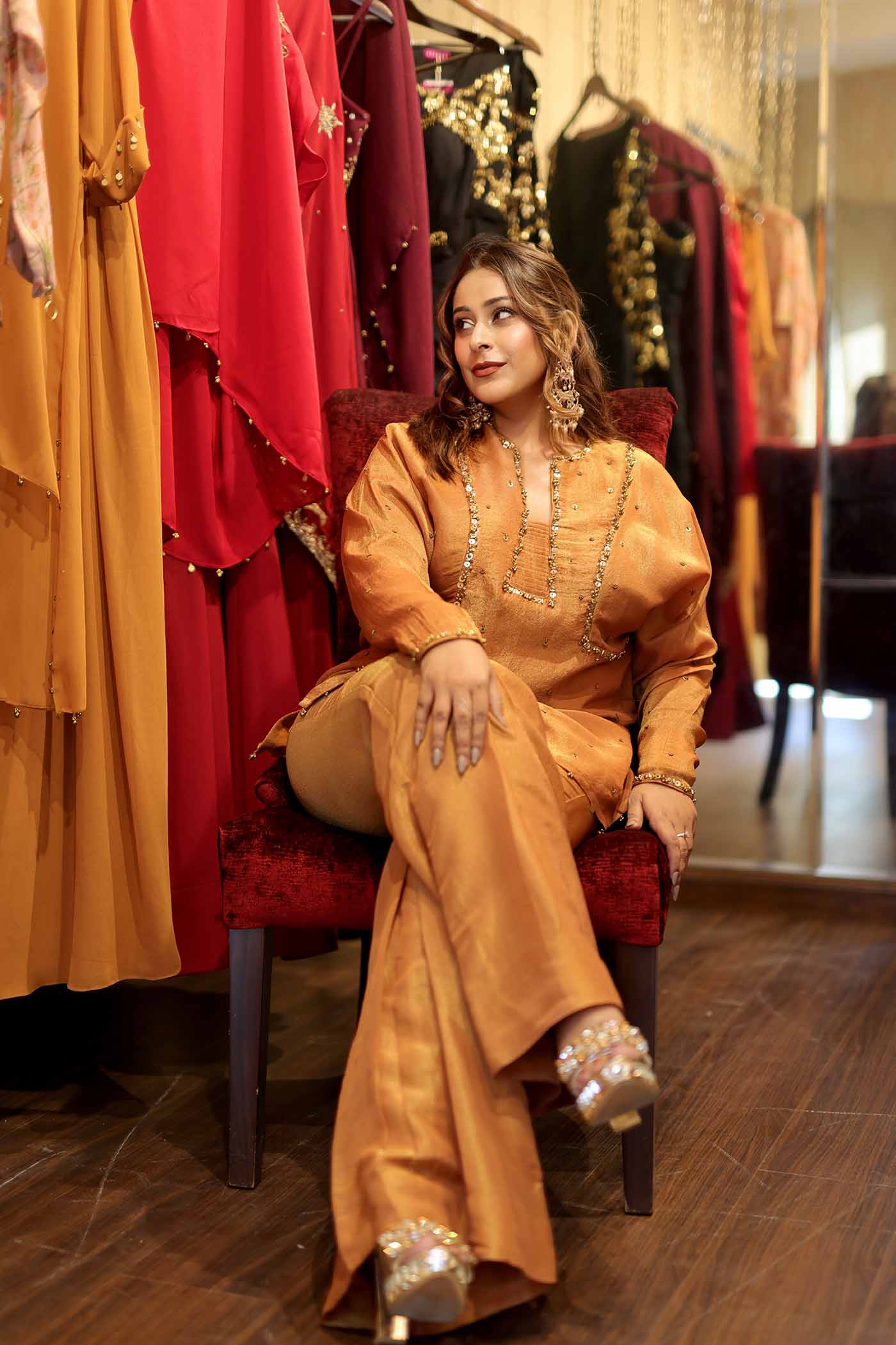 Mayur Mustard Embroidered Tissue Kurta with pants