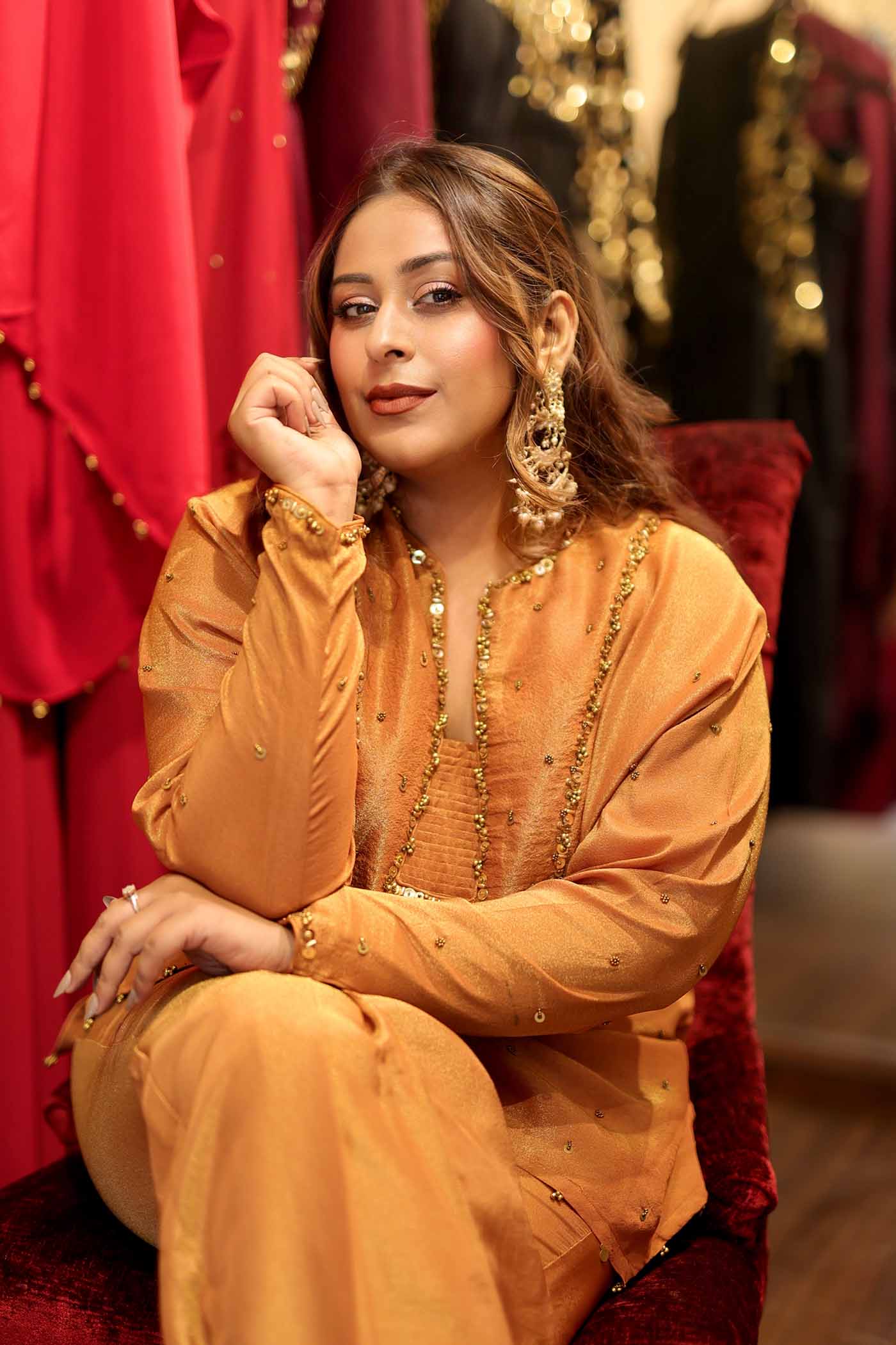 Mayur Mustard Embroidered Tissue Kurta with pants