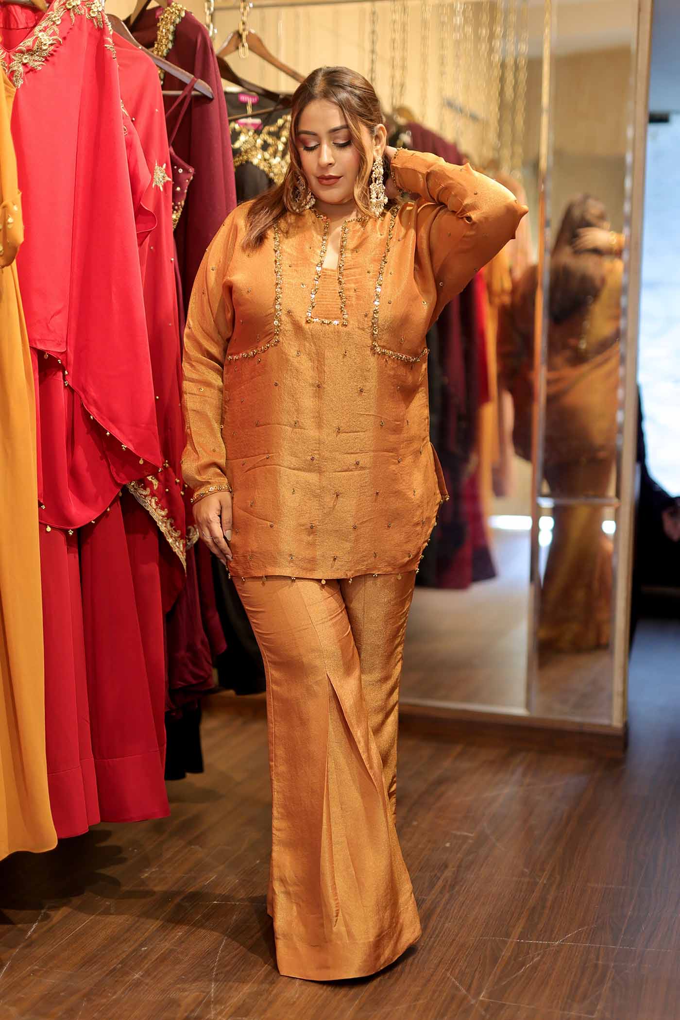 Mayur Mustard Embroidered Tissue Kurta with pants