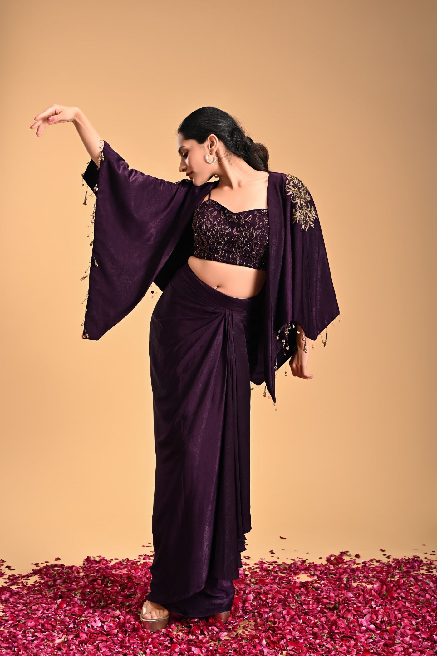 Garuda Purple Embroidery blouse with Drape Skirt and Cape