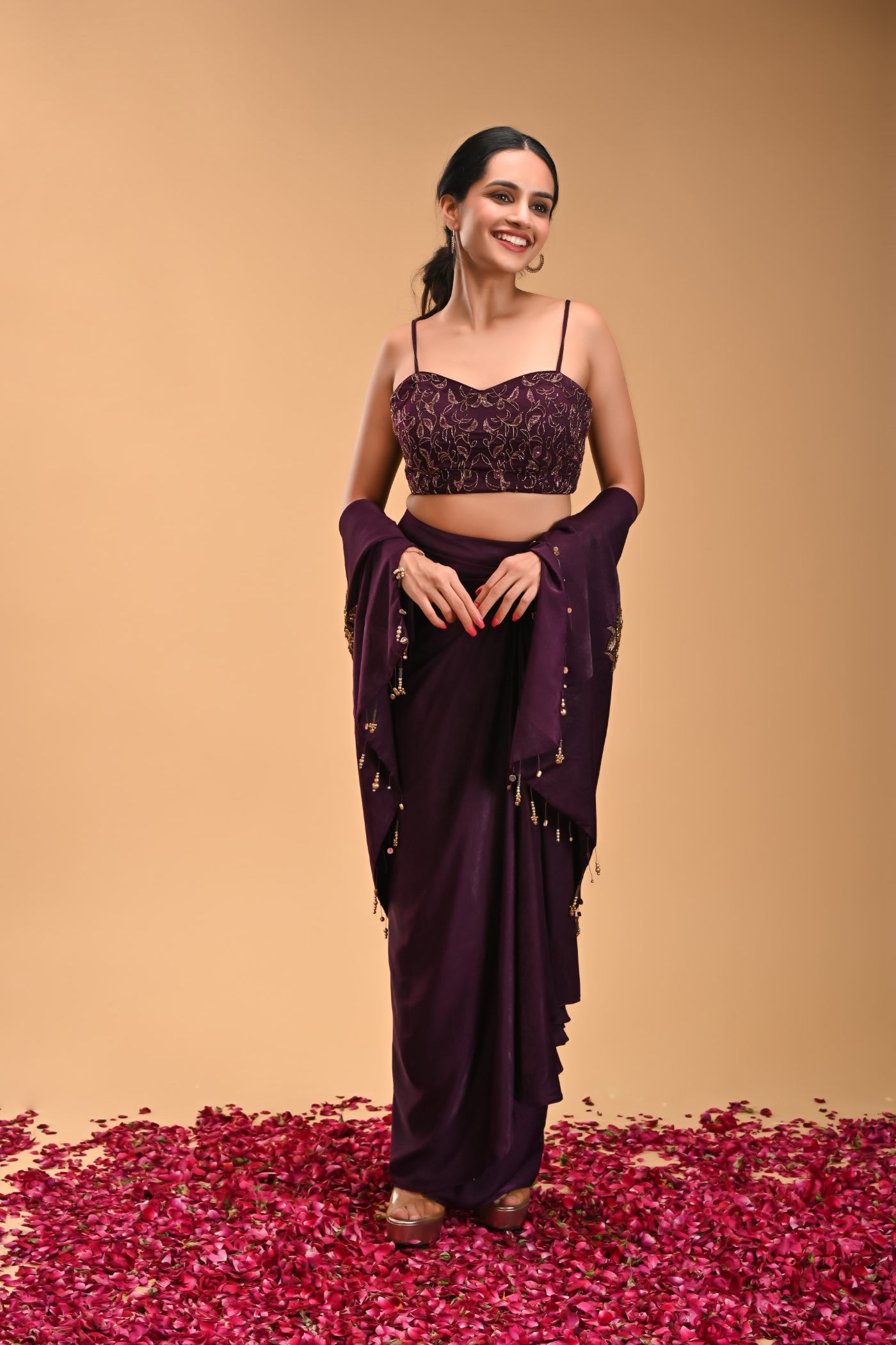 Garuda Purple Embroidery blouse with Drape Skirt and Cape