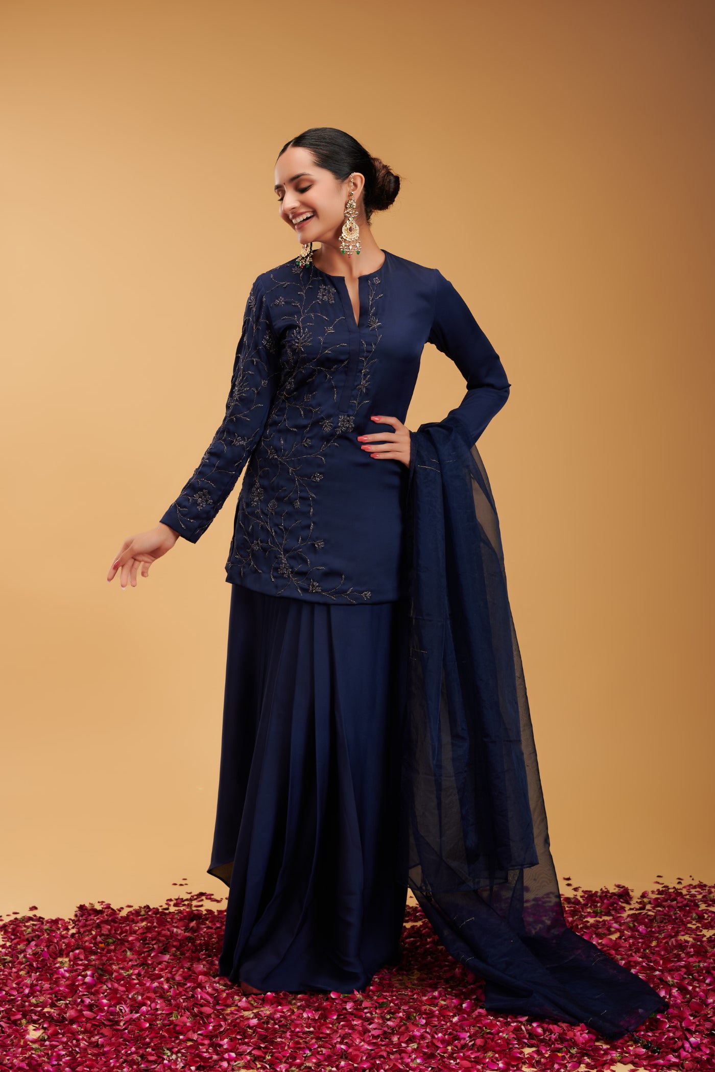 Chandrakala Blue embroidered Short kurta with Skirt and Dupatta