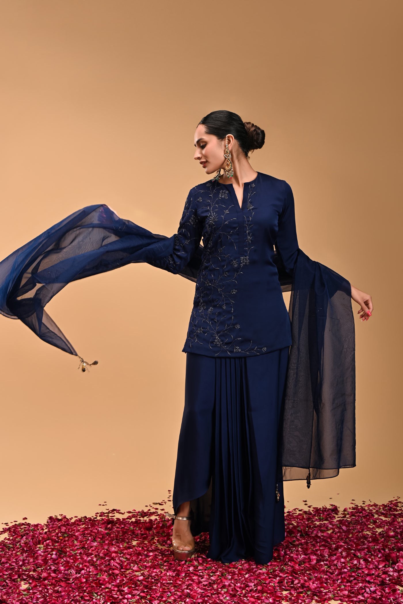 Chandrakala Blue embroidered Short kurta with Skirt and Dupatta