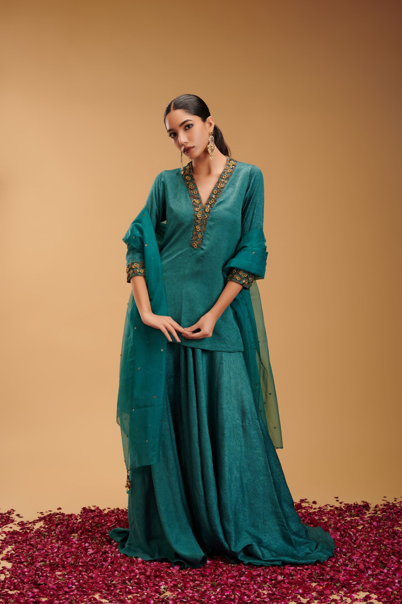 Mayuram Turqoise Embroidered Kurta with Plazzo and dupatta