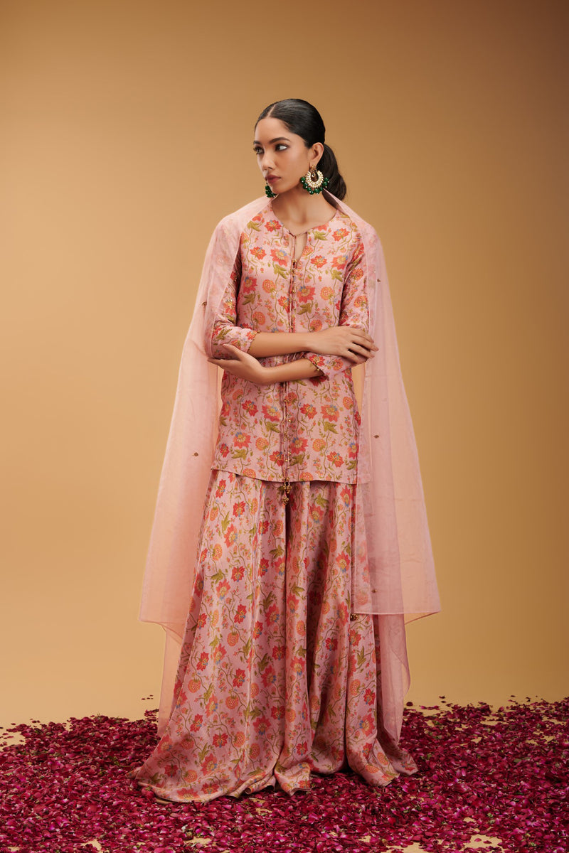 Anjali  Pink Oragnza Emboridered kurta with plazzo and Dupatta