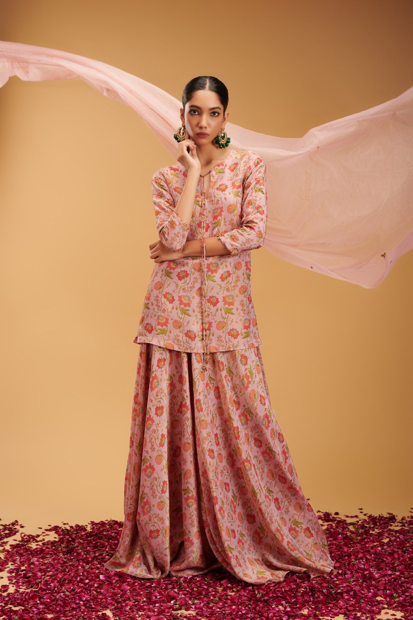 Anjali  Pink Oragnza Emboridered kurta with plazzo and Dupatta