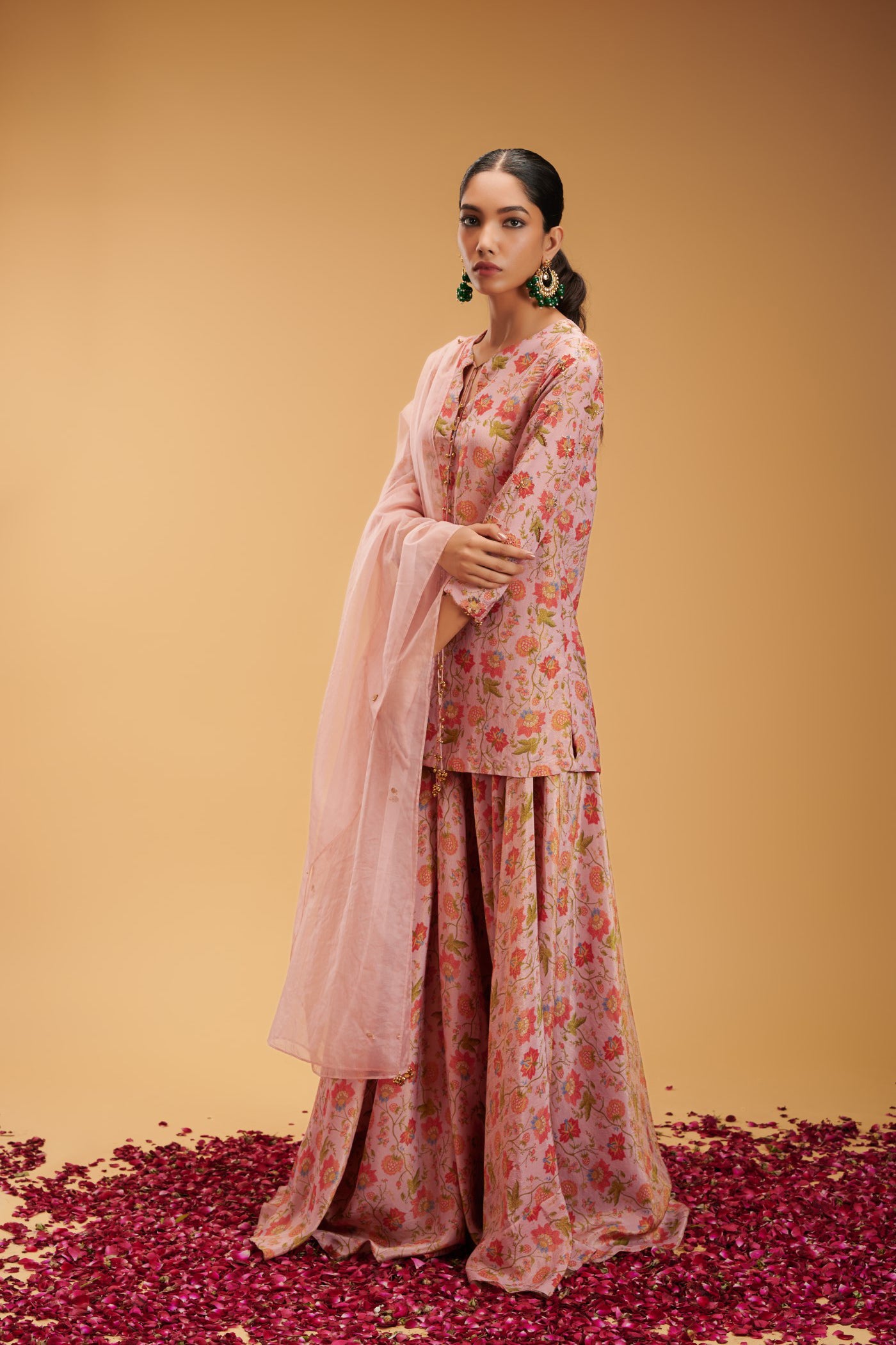 Anjali  Pink Oragnza Emboridered kurta with plazzo and Dupatta