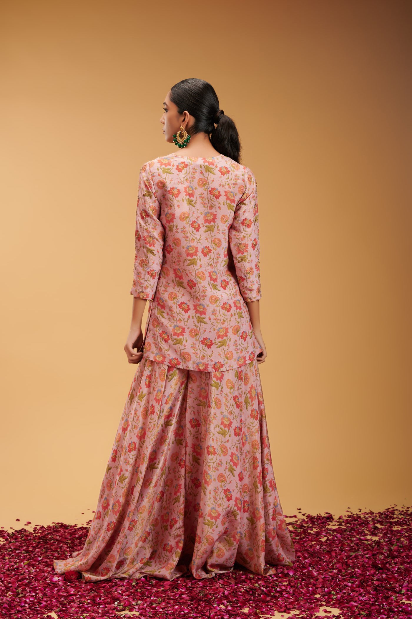 Anjali  Pink Oragnza Emboridered kurta with plazzo and Dupatta