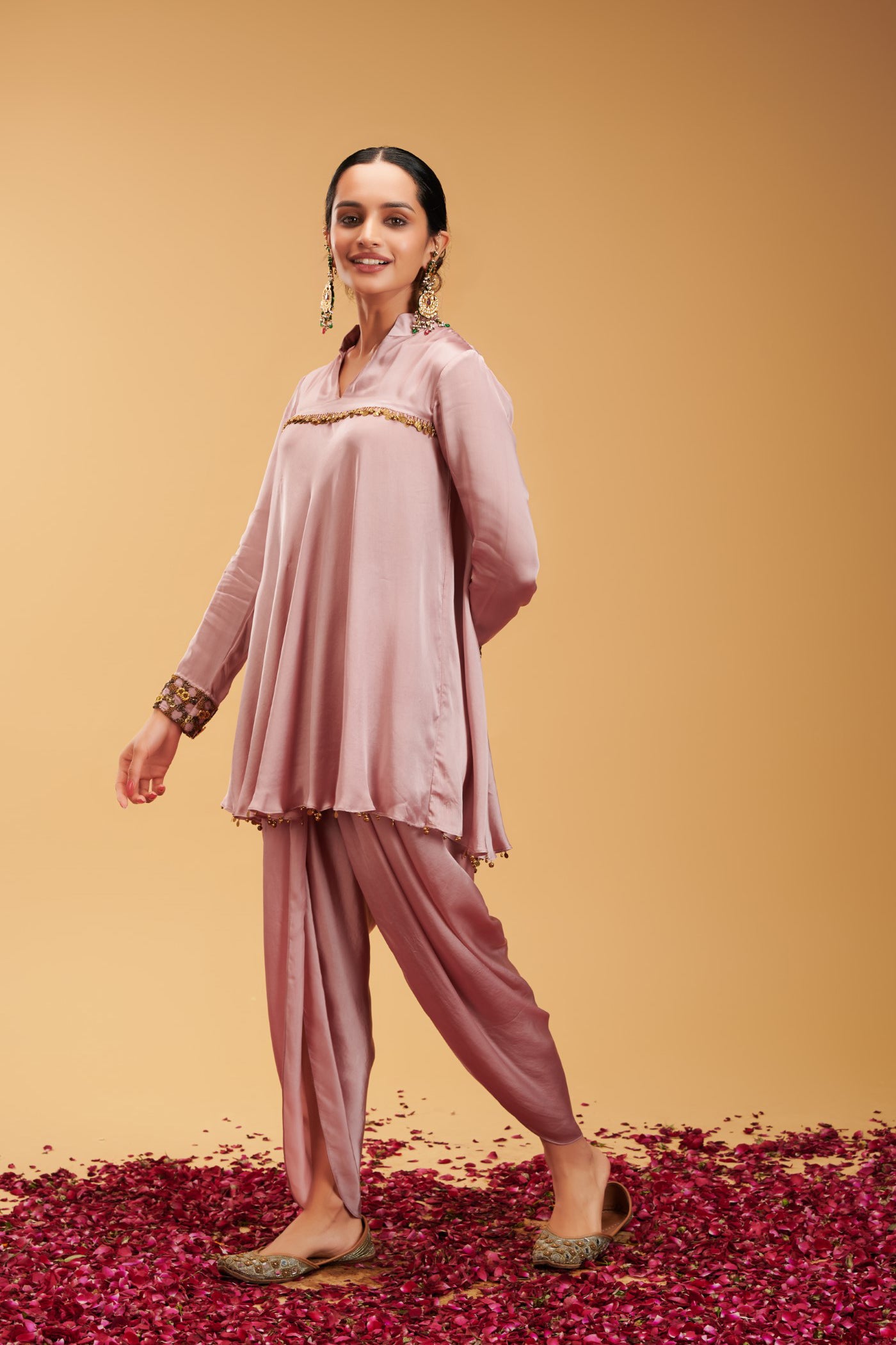 Palli Pink Satin Kurta with Dhoti