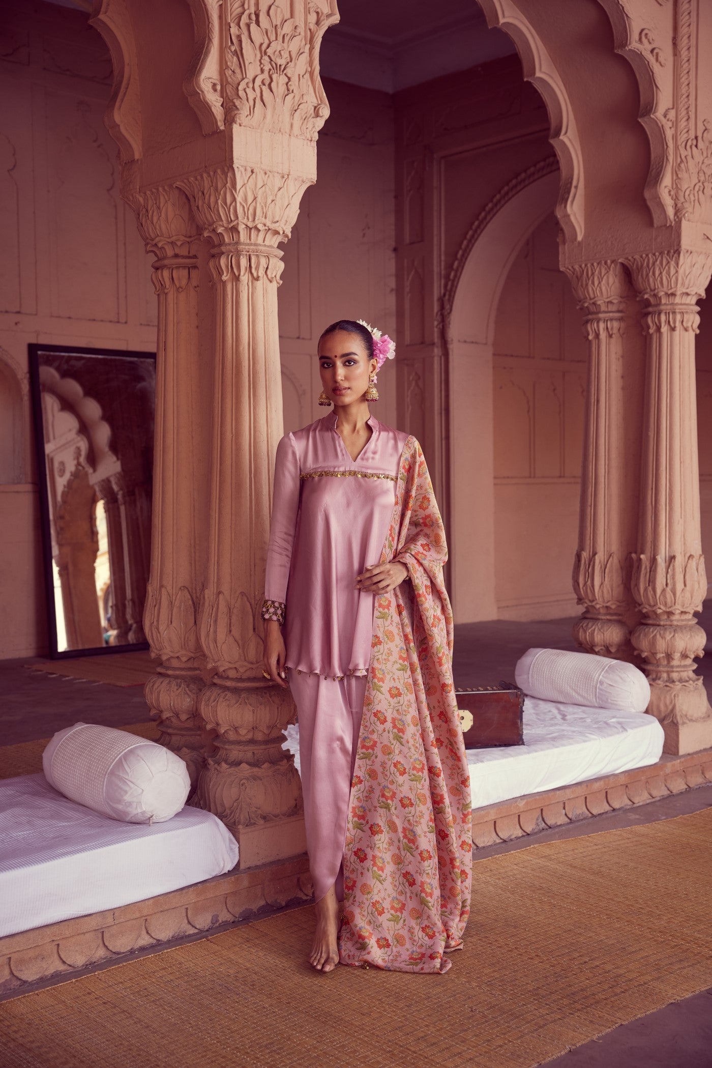 Palli Pink Satin Kurta with Dhoti