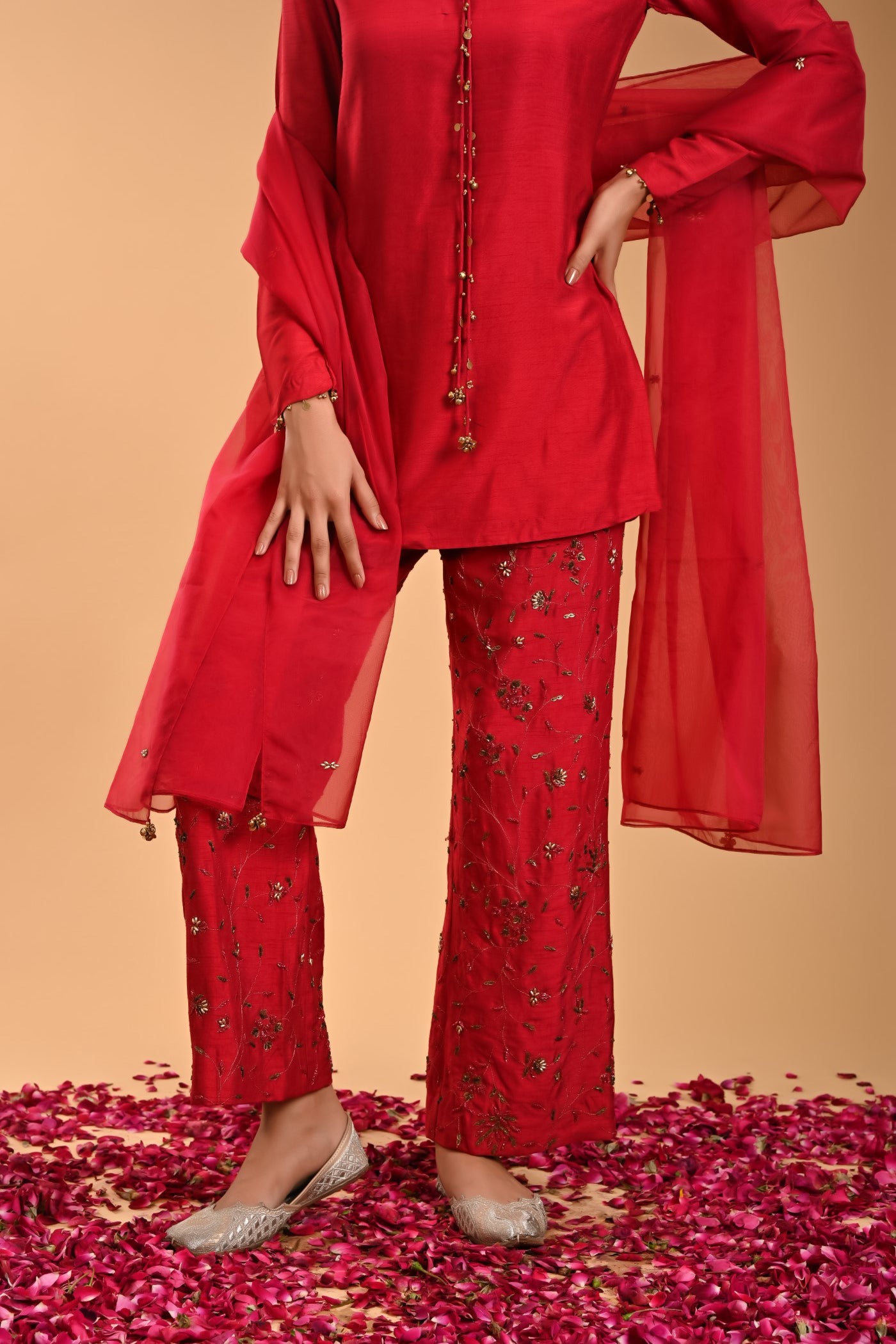 Pasha Red Silk Kurta and pants with Dupatta