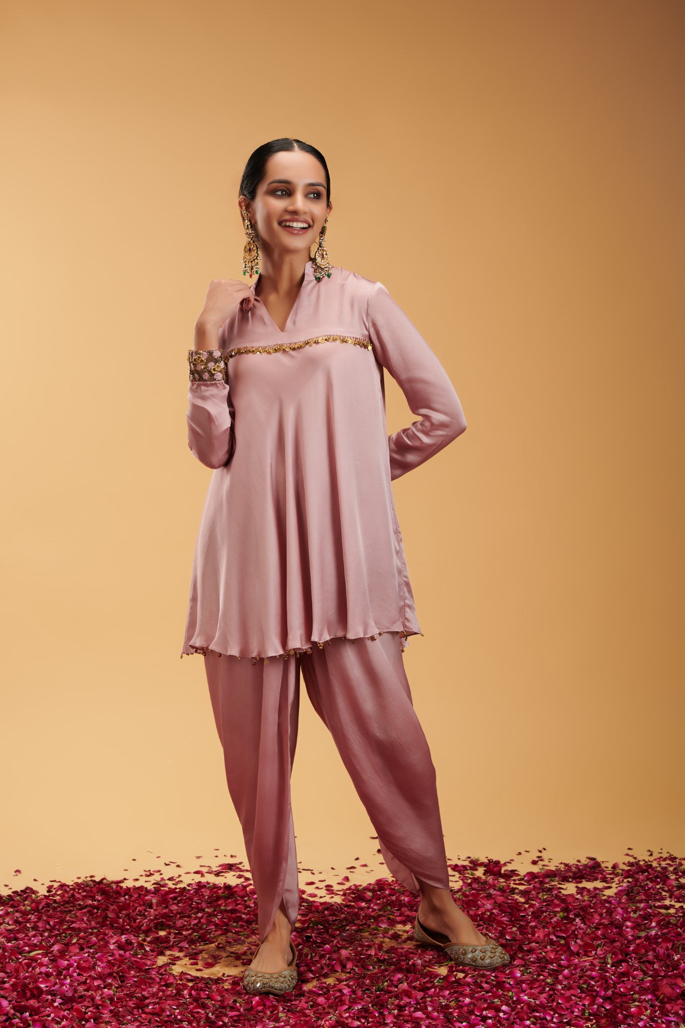 Palli Pink Satin Kurta with Dhoti