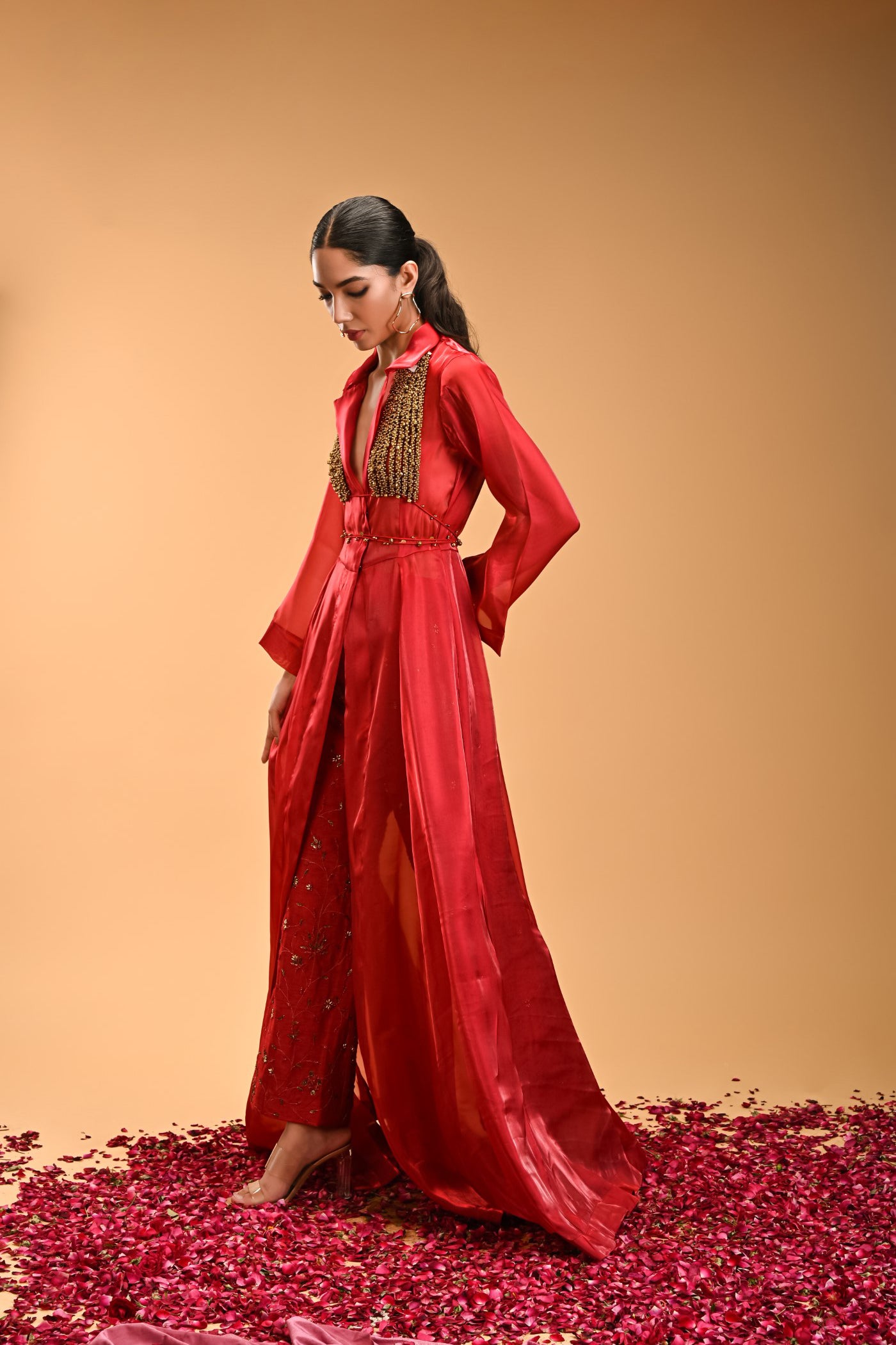 Pathakam set Red Organza and Raw Silk Cape and Pants with Ghunguroo Bralatte