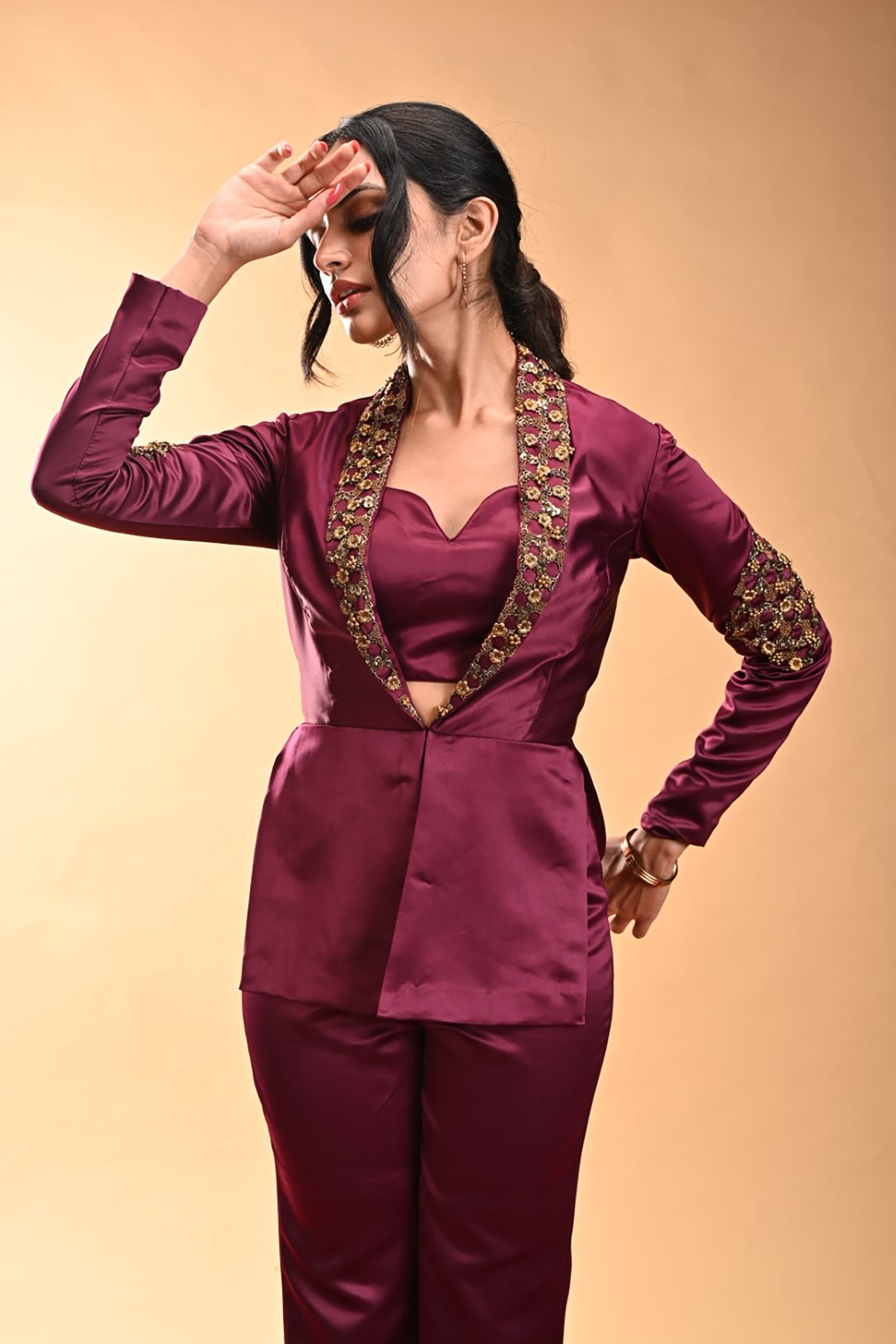 Mukulam Purple Sweetheart Blouse with jacket and pants