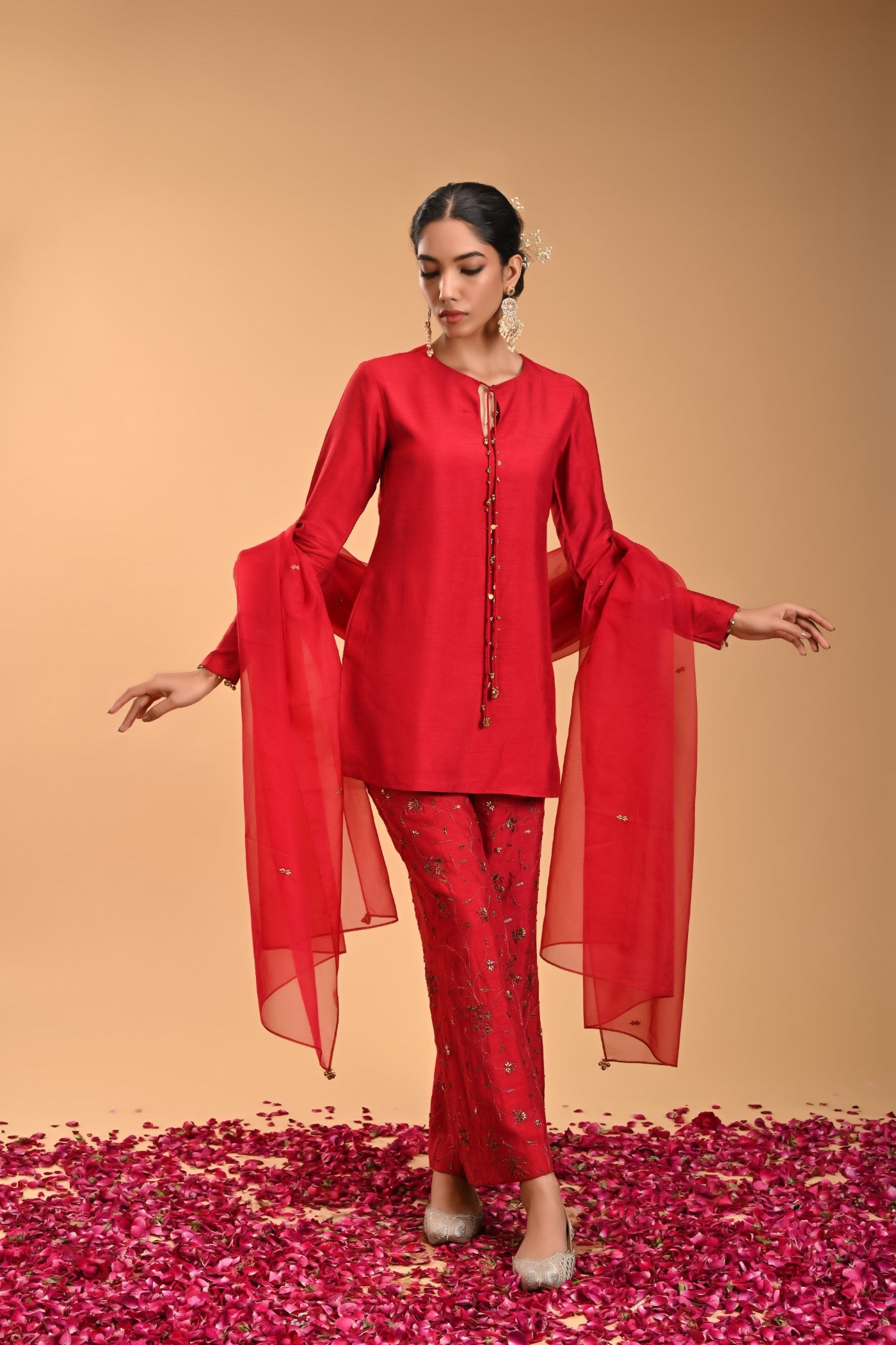 Pasha Red Silk Kurta and pants with Dupatta