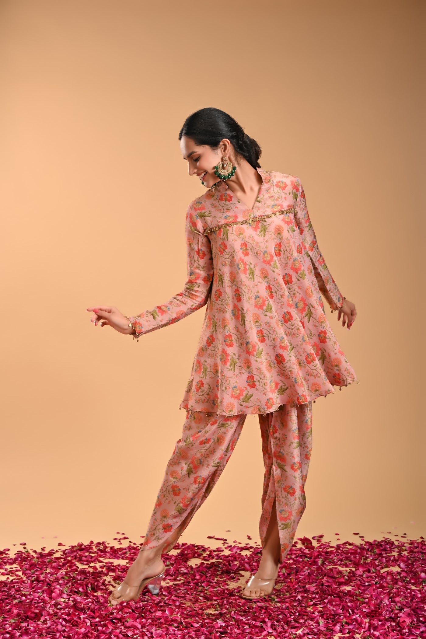 Dola Pink Printed Kurta with Dhoti