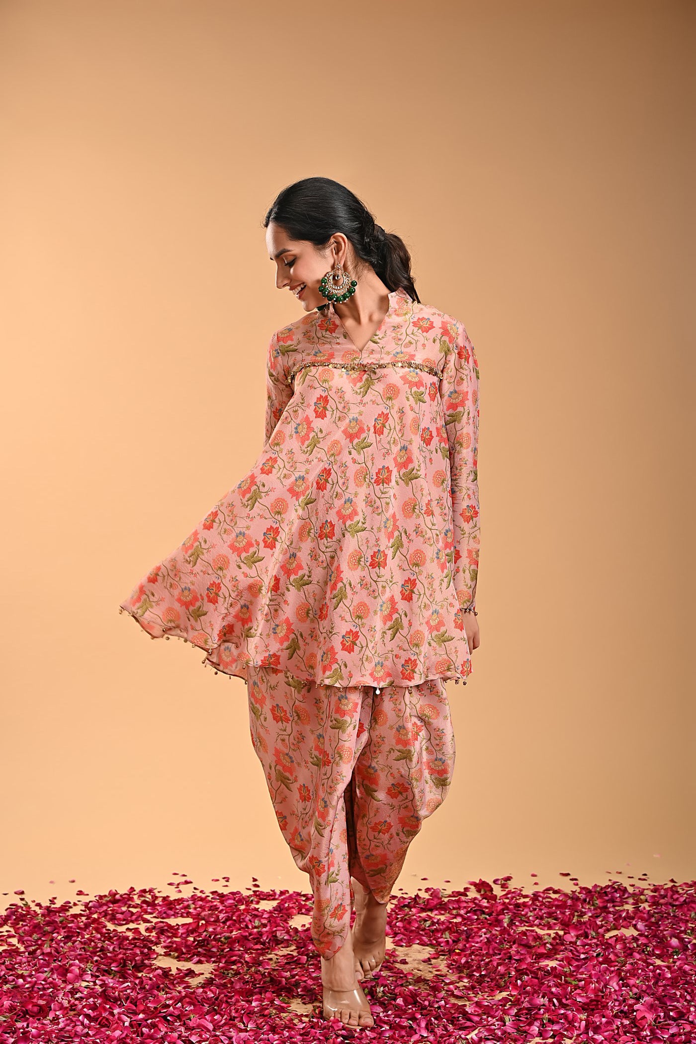 Dola Pink Printed Kurta with Dhoti