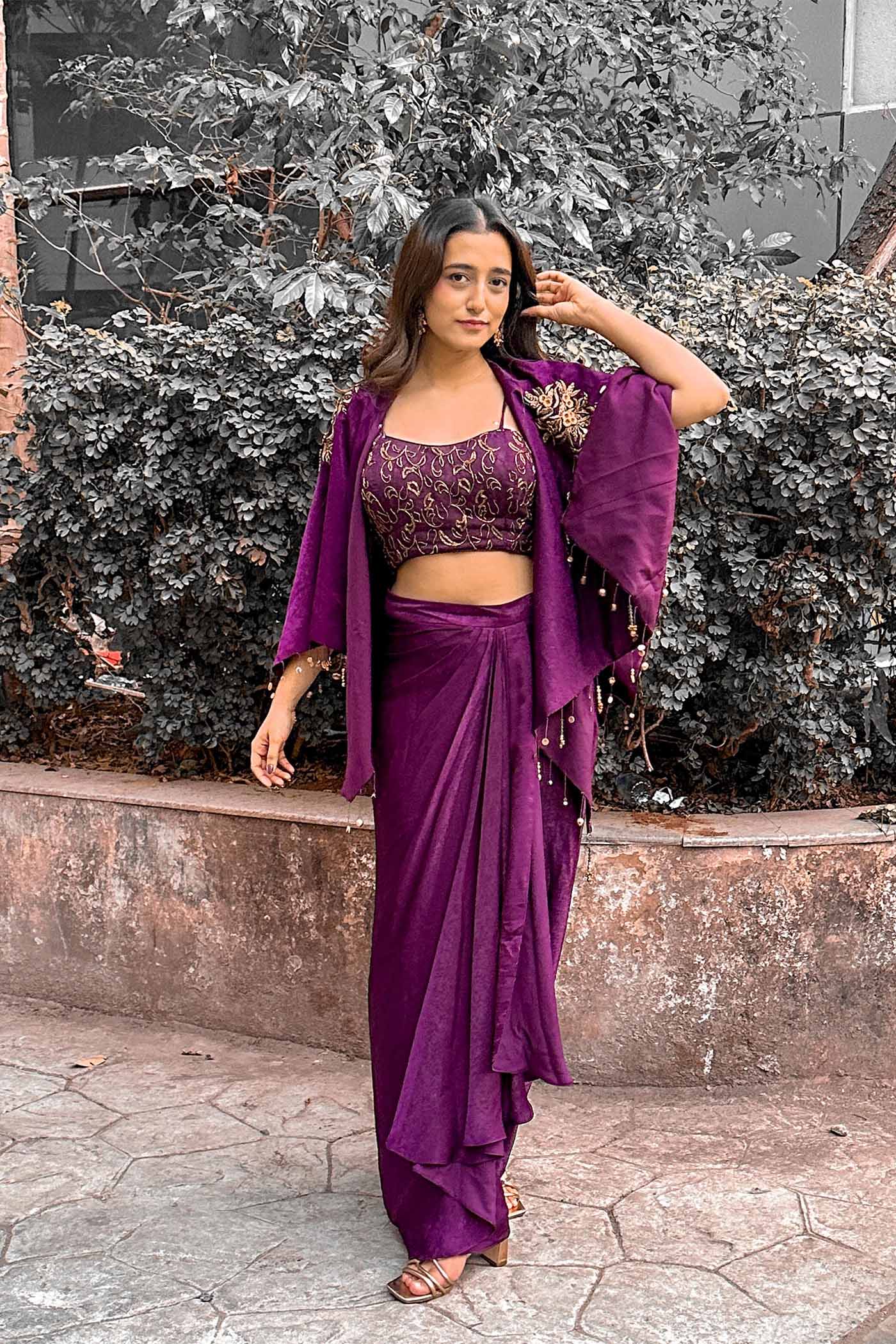 Garuda Purple Embroidery blouse with Drape Skirt and Cape