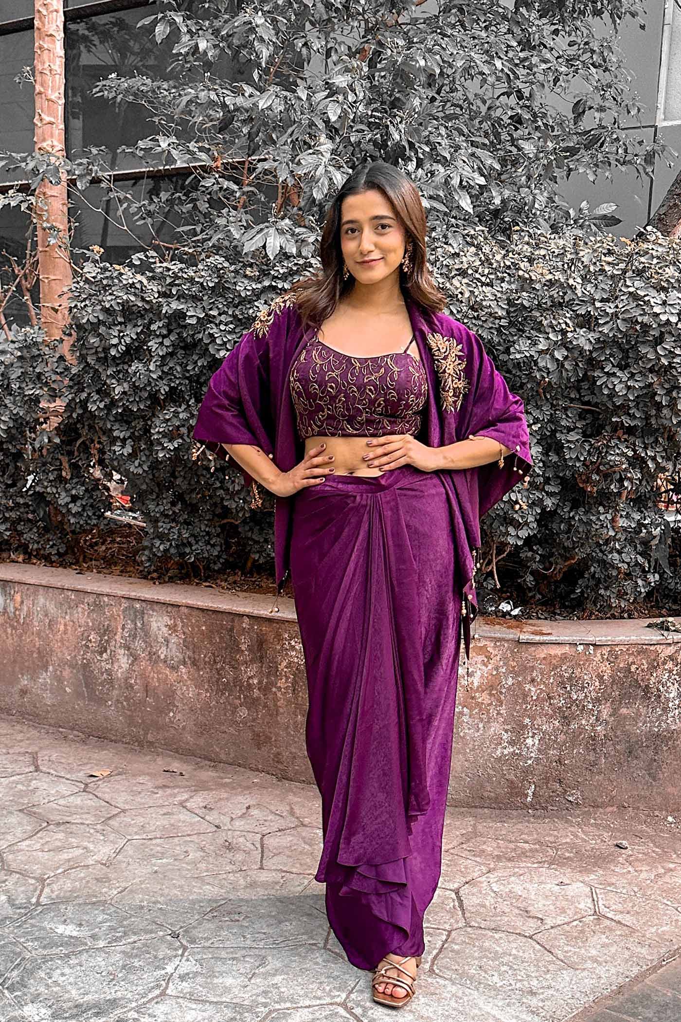 Garuda Purple Embroidery blouse with Drape Skirt and Cape