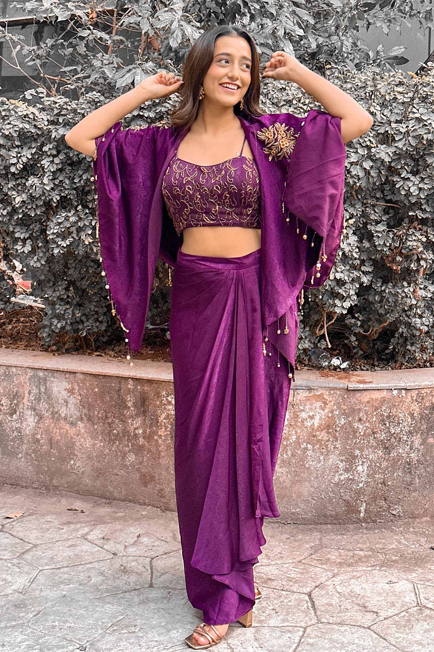 Garuda Purple Embroidery blouse with Drape Skirt and Cape