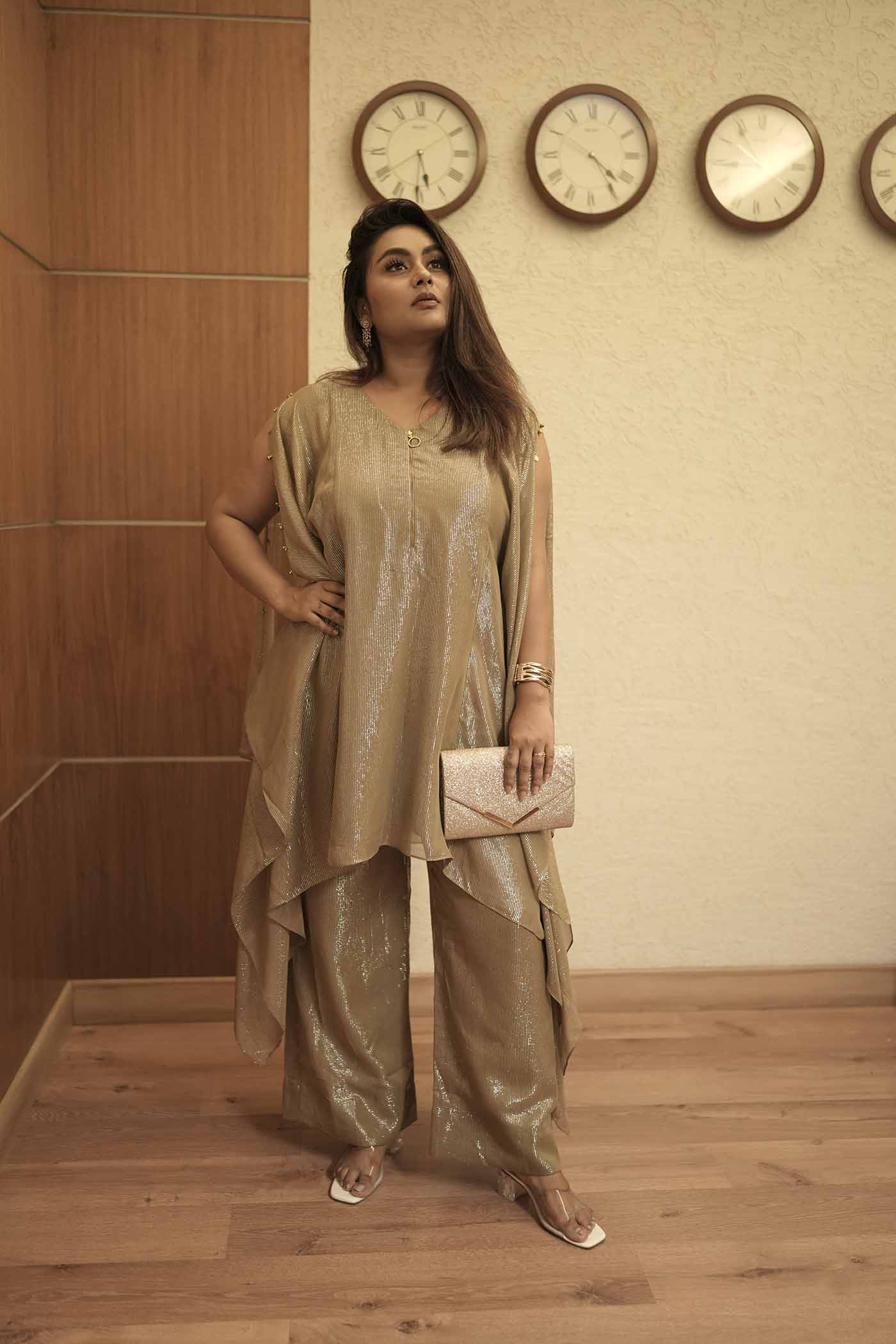 Tripataka Beige Lurex georegette Kurta with Pants