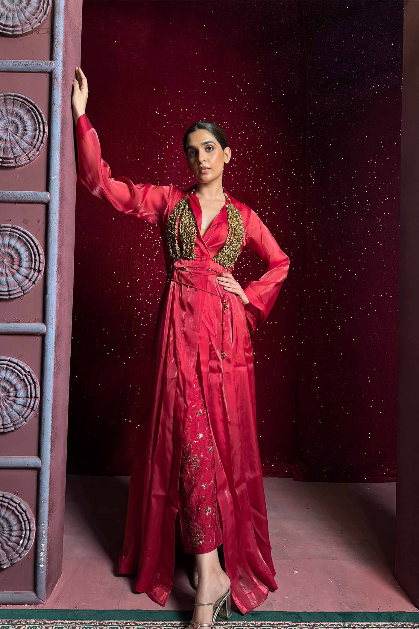 Pathakam set Red Organza and Raw Silk Cape and Pants with Ghunguroo Bralatte