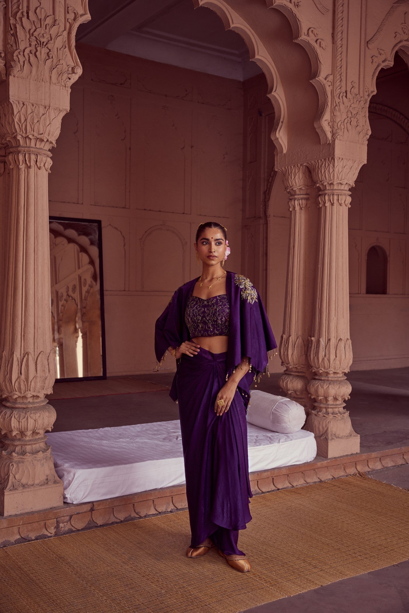 Garuda Purple Embroidery blouse with Drape Skirt and Cape