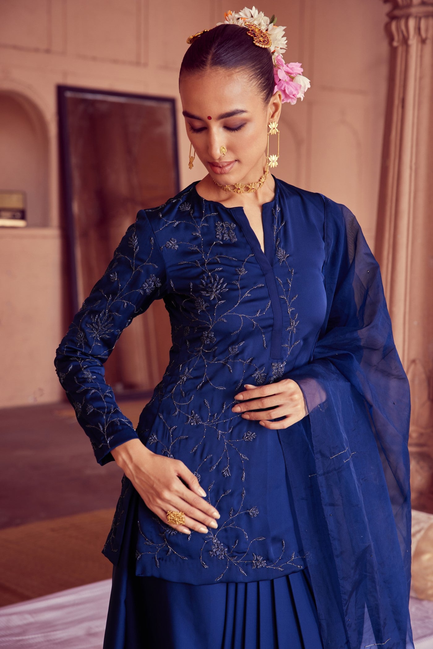 Chandrakala Blue embroidered Short kurta with Skirt and Dupatta