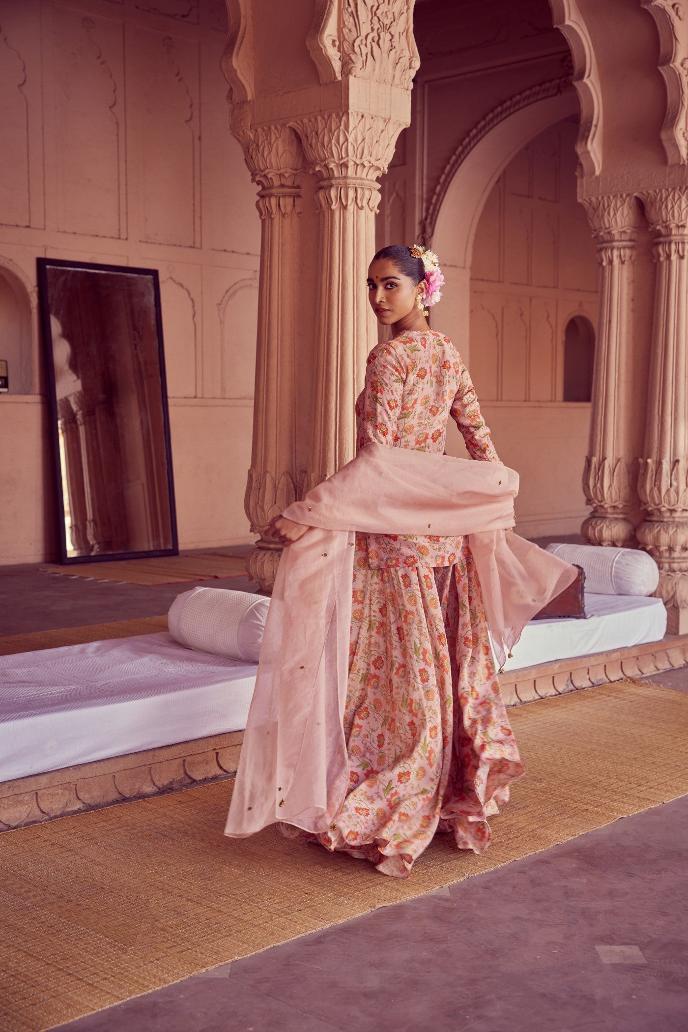 Anjali  Pink Oragnza Emboridered kurta with plazzo and Dupatta