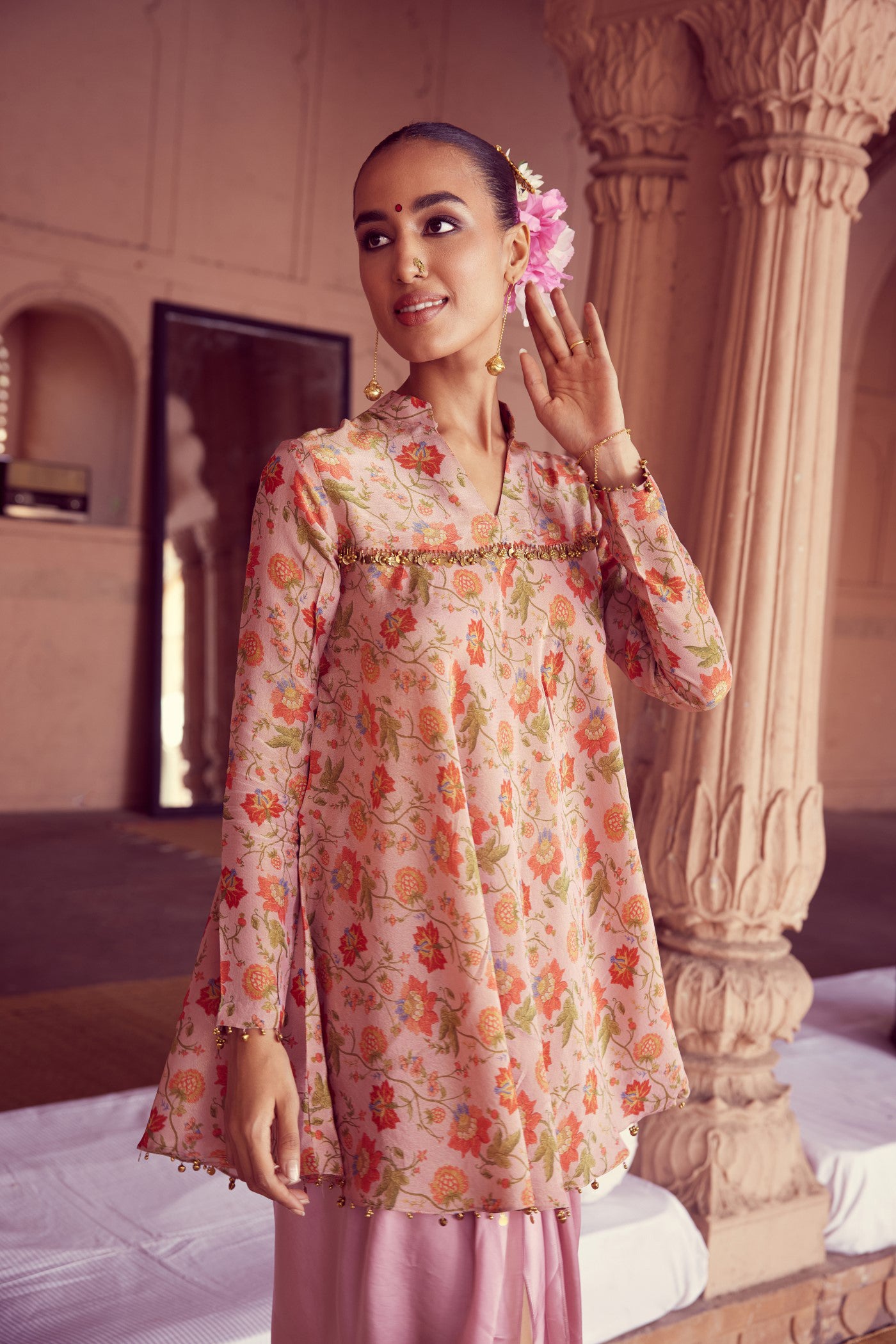 Dola Pink Printed Kurta with Dhoti