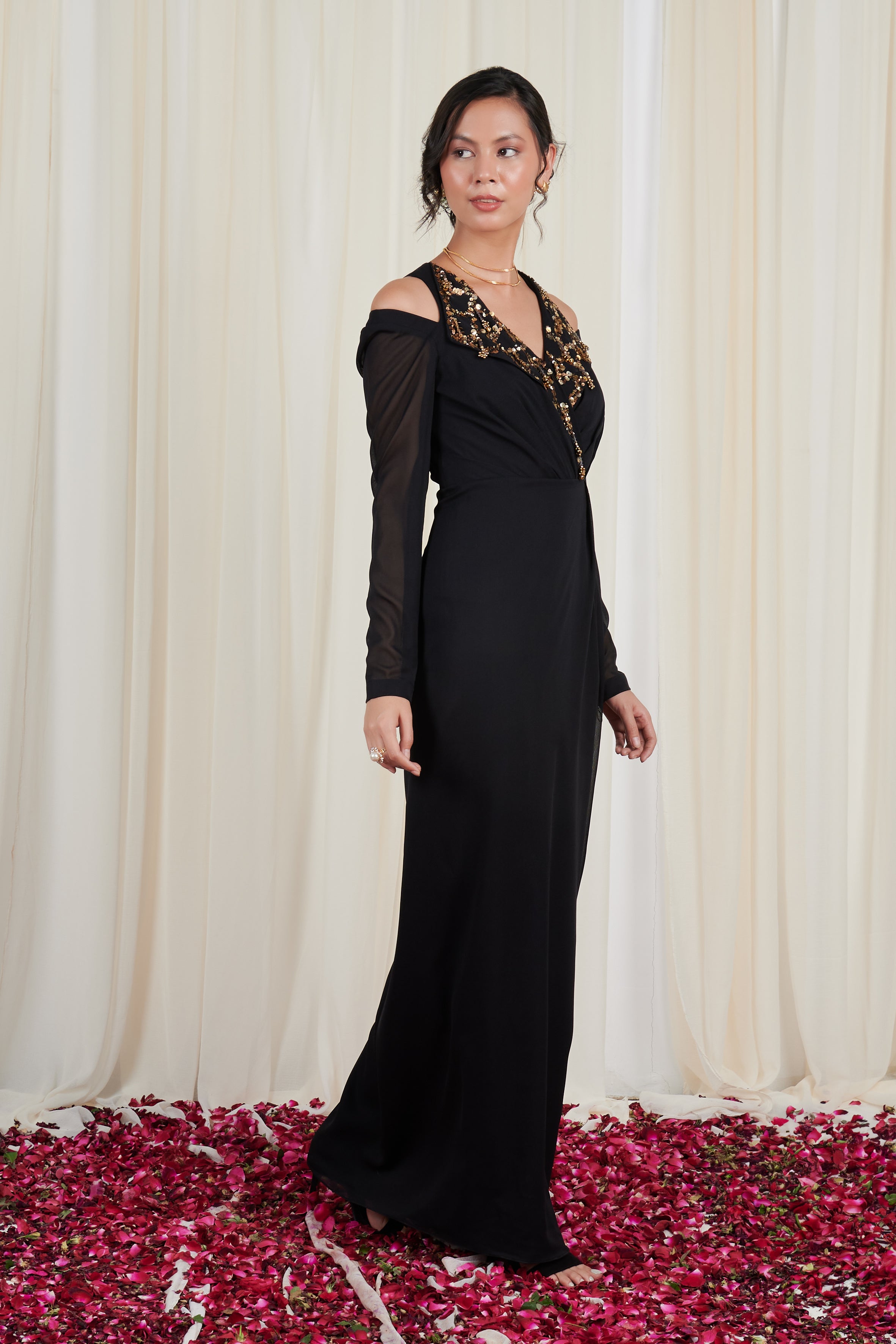 Ardhapataka Black Embroidered Drape Dress