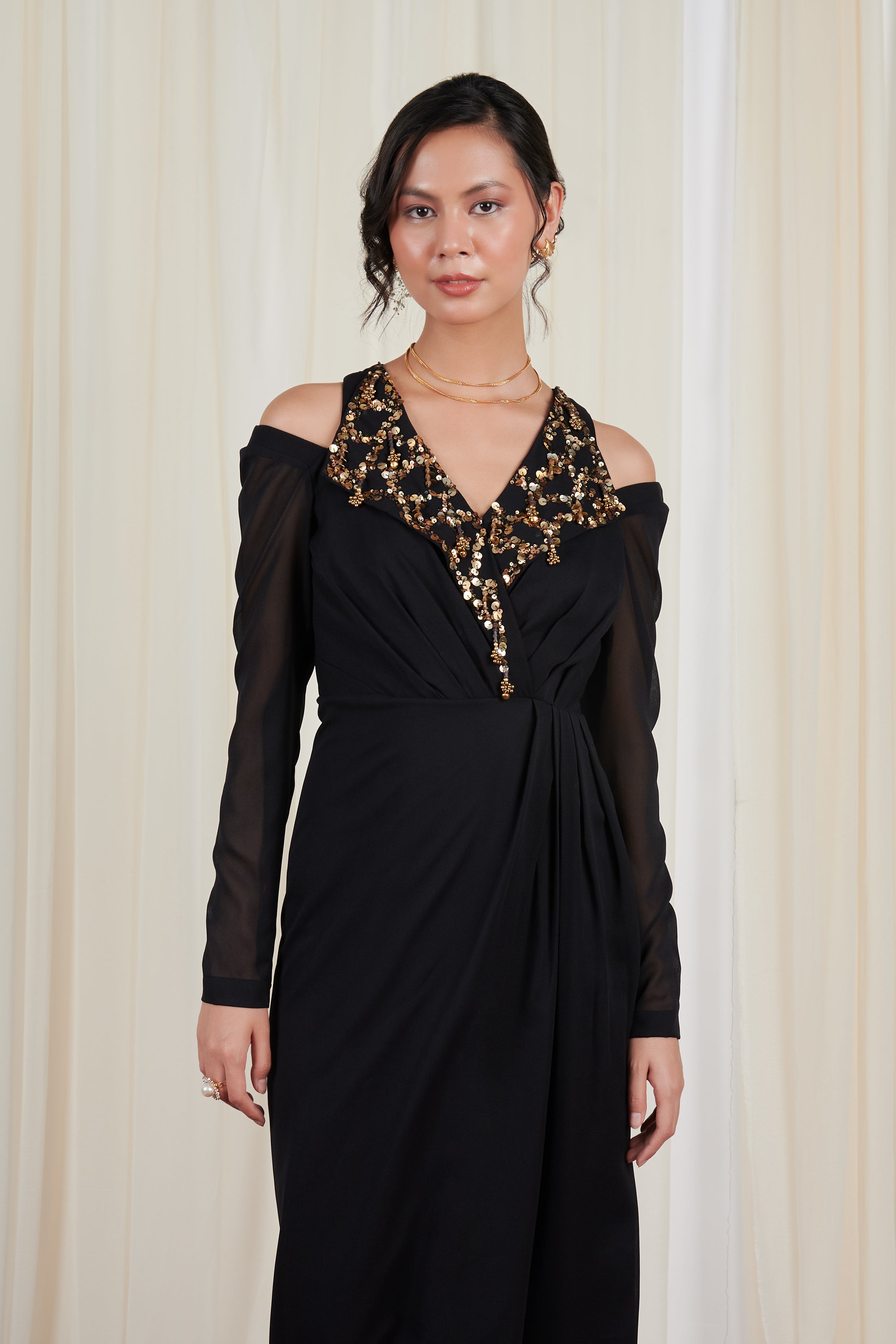 Ardhapataka Black Embroidered Drape Dress