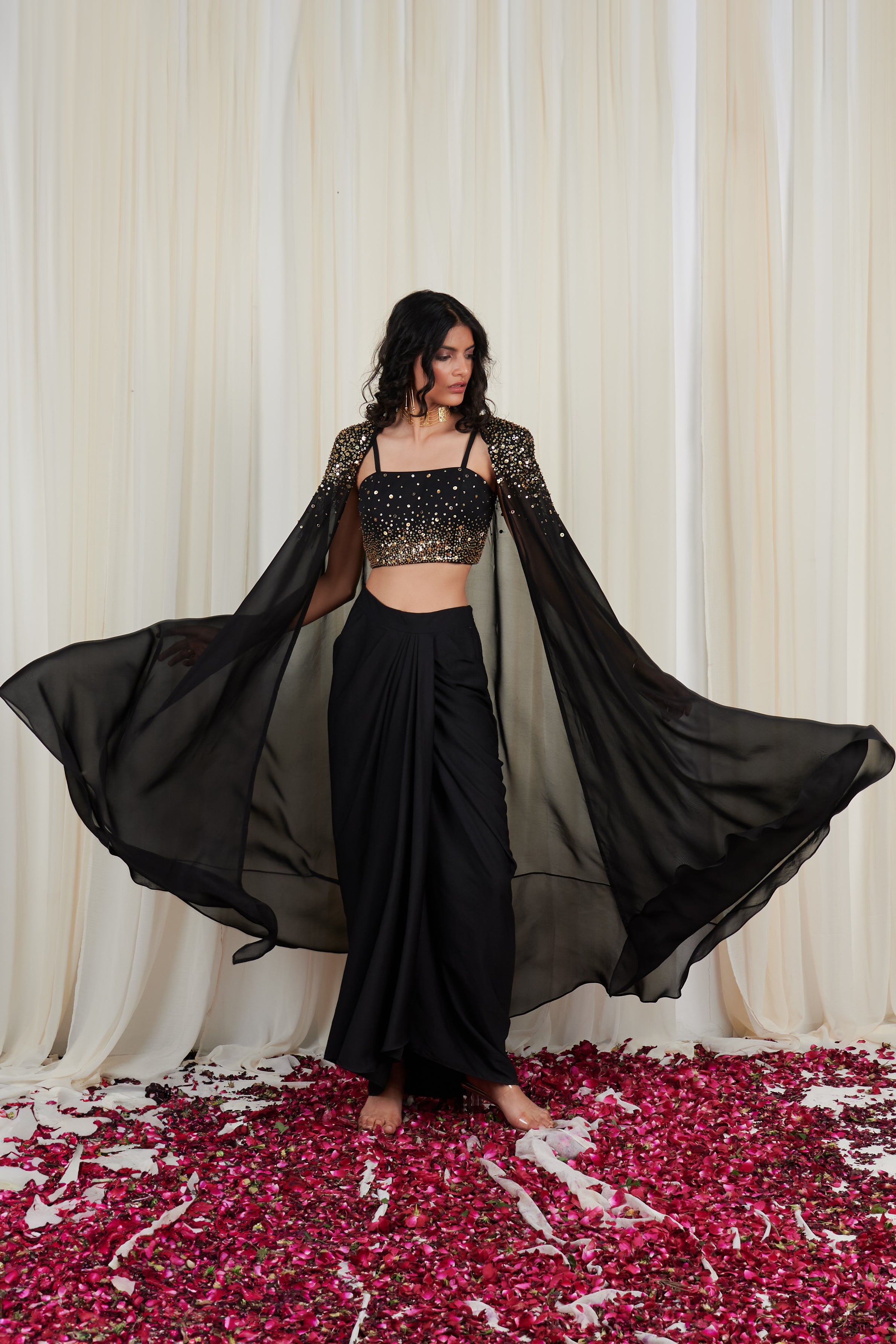 Utsang Black Embroidered Sequin Blouse with Cape and Skirt