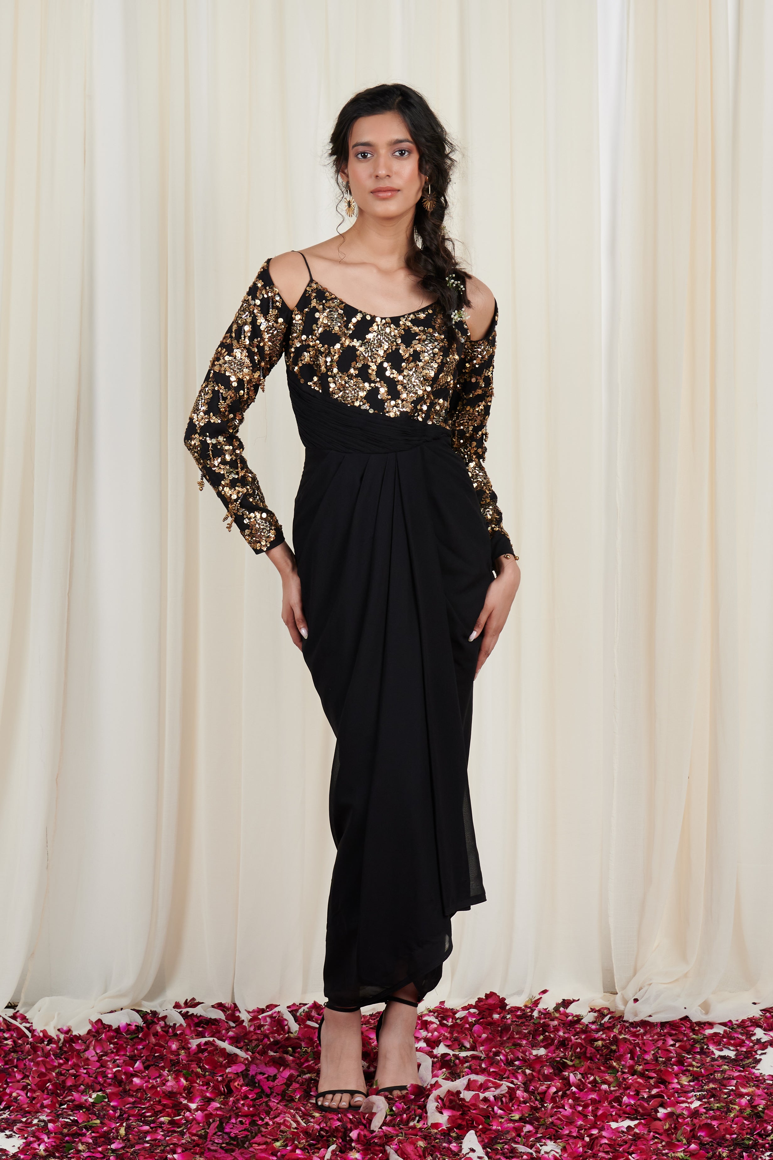 Hanspaksha Black Embroidered Drape Dress