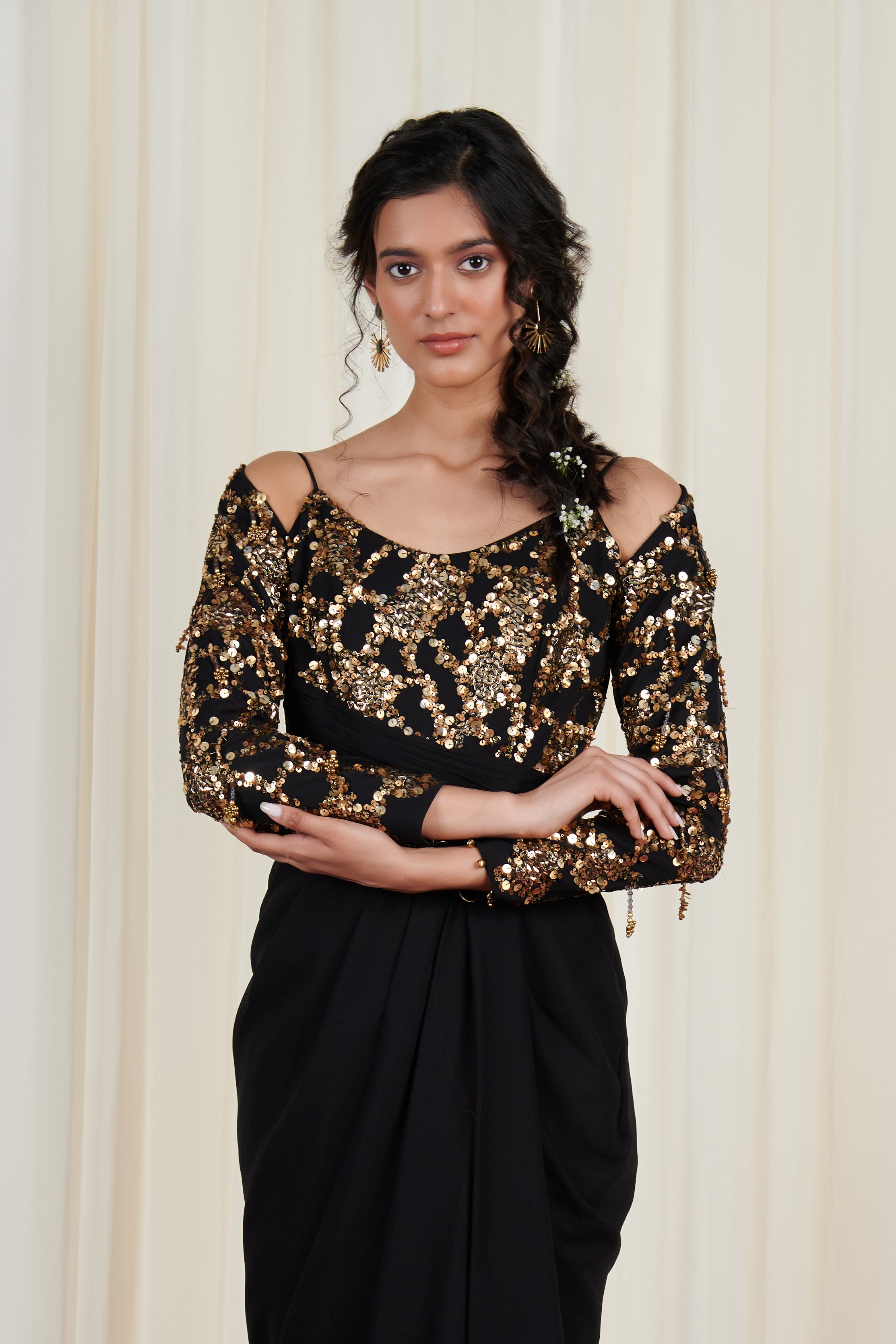 Hanspaksha Black Embroidered Drape Dress