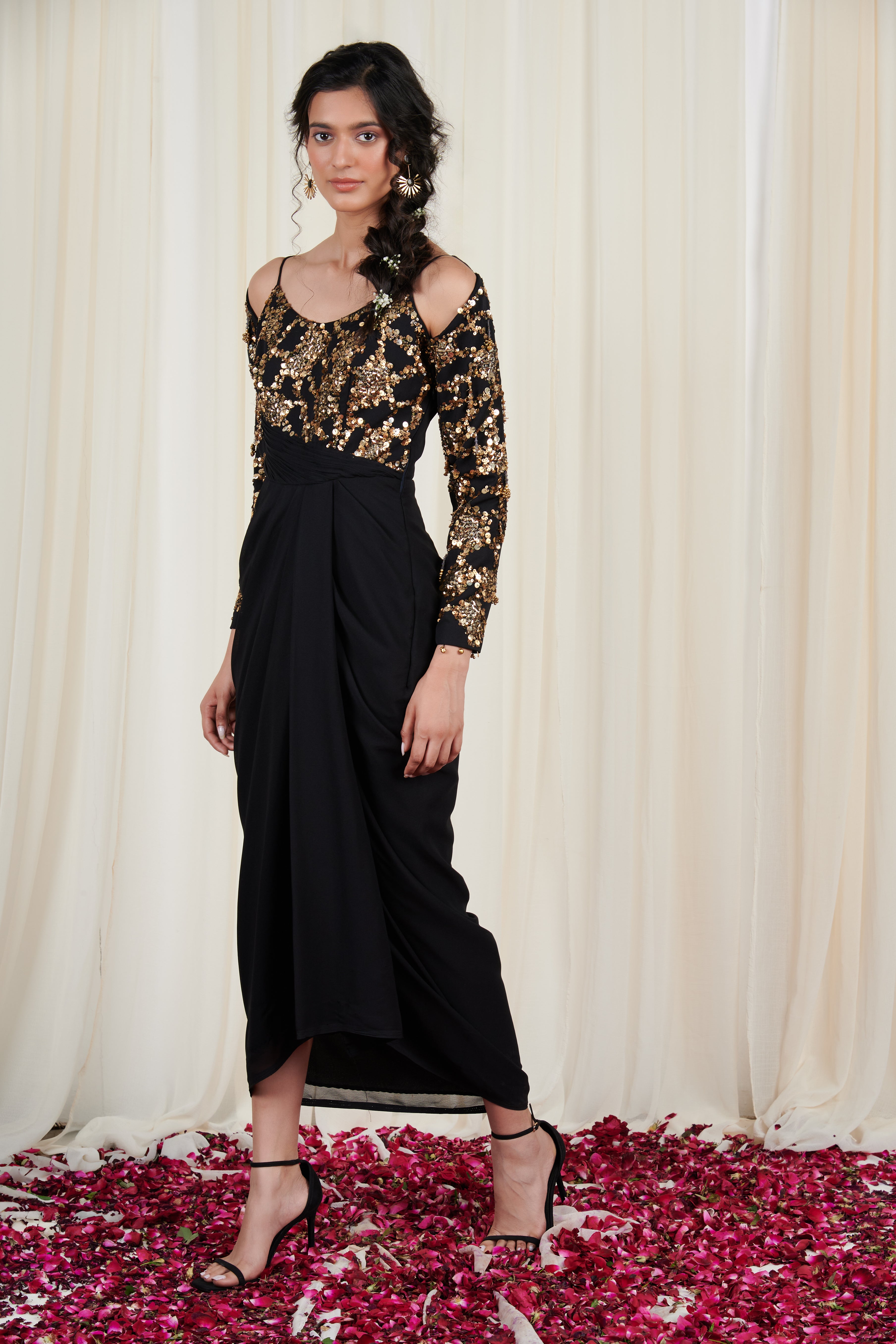 Hanspaksha Black Embroidered Drape Dress