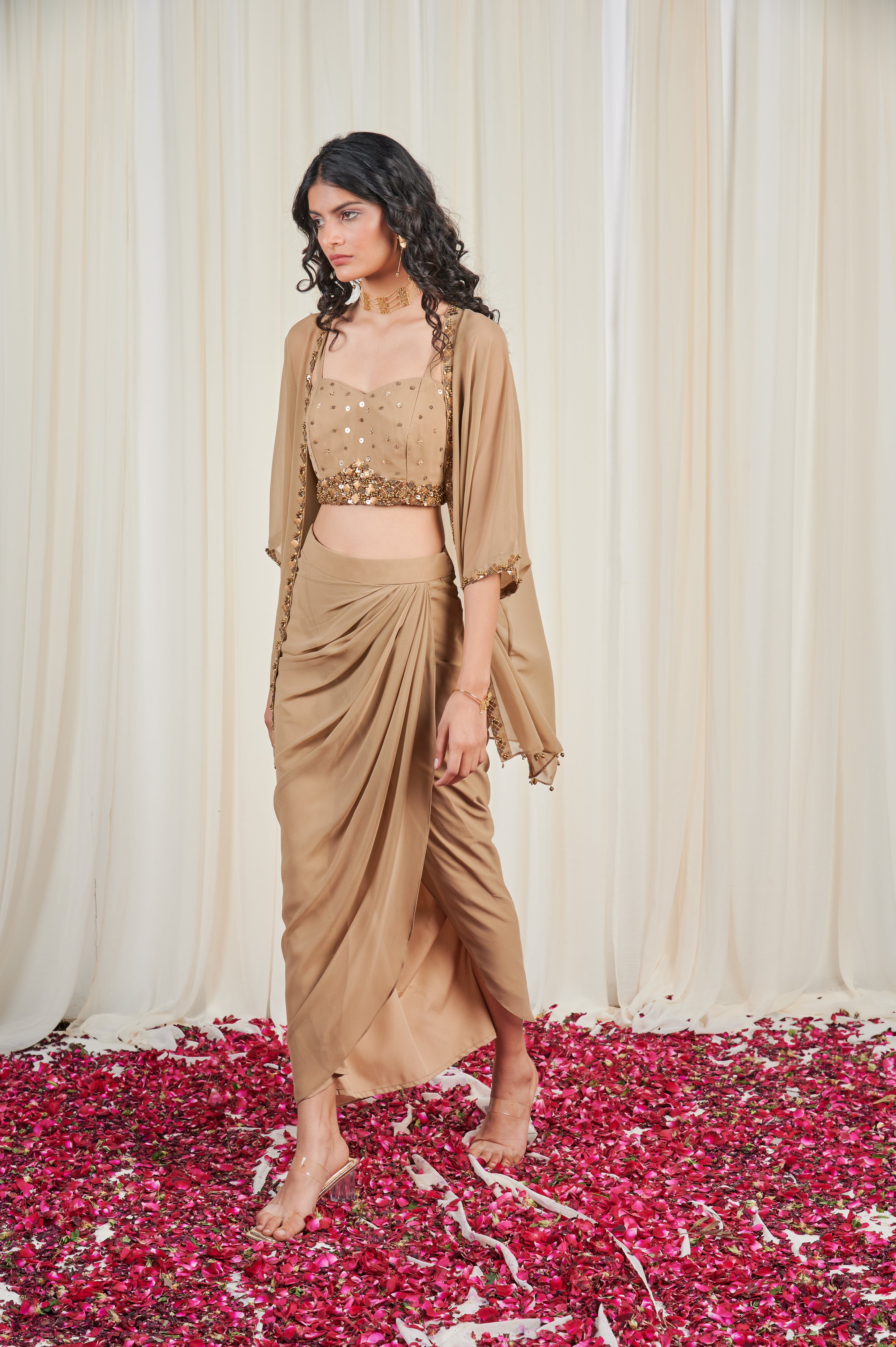 Mukuta set Beige Georgette Embroidered Blouse and Skirt Set with Cape