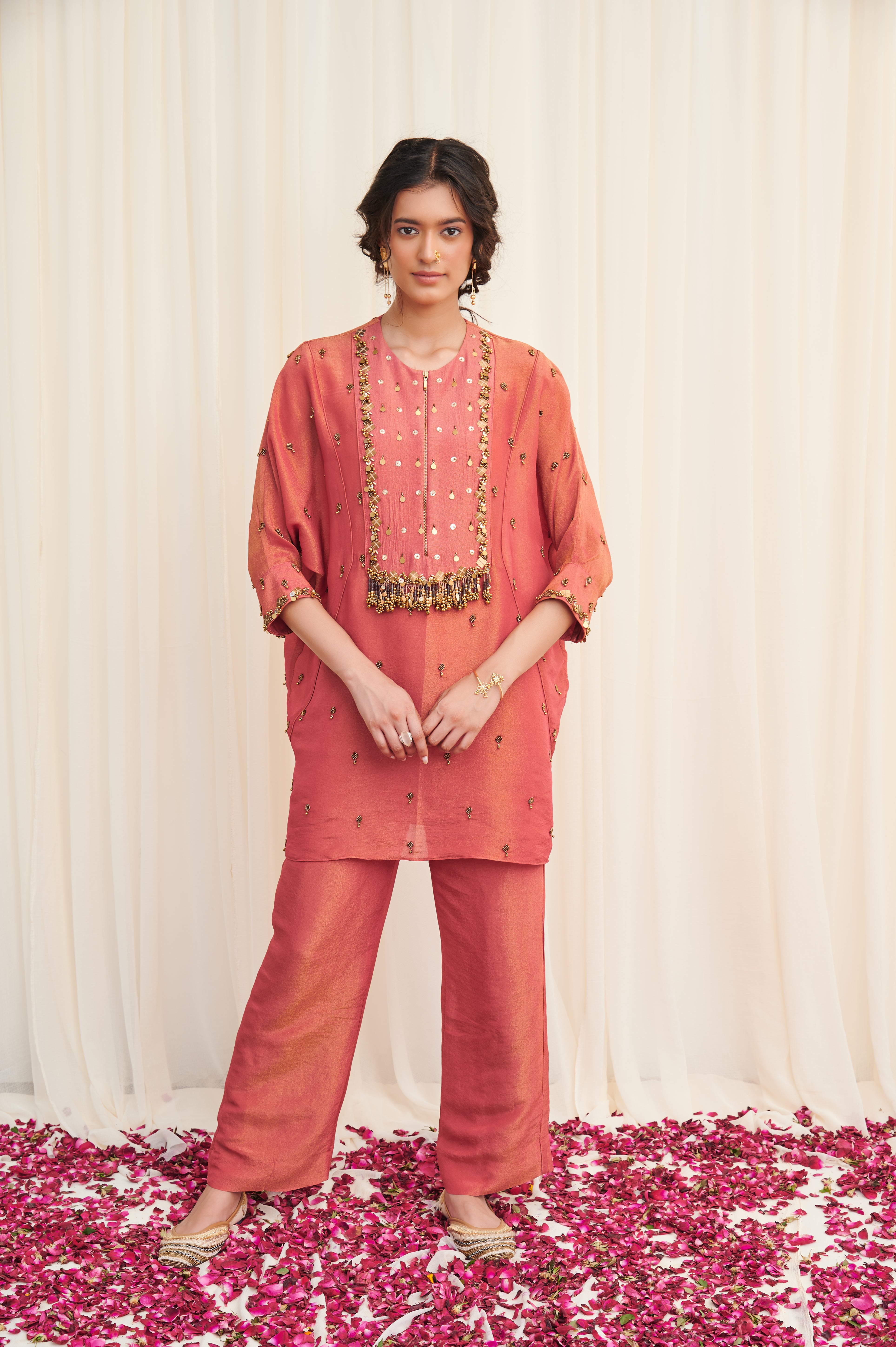 Mayurakhya Pink Embroidered Tissue Kurta with pants